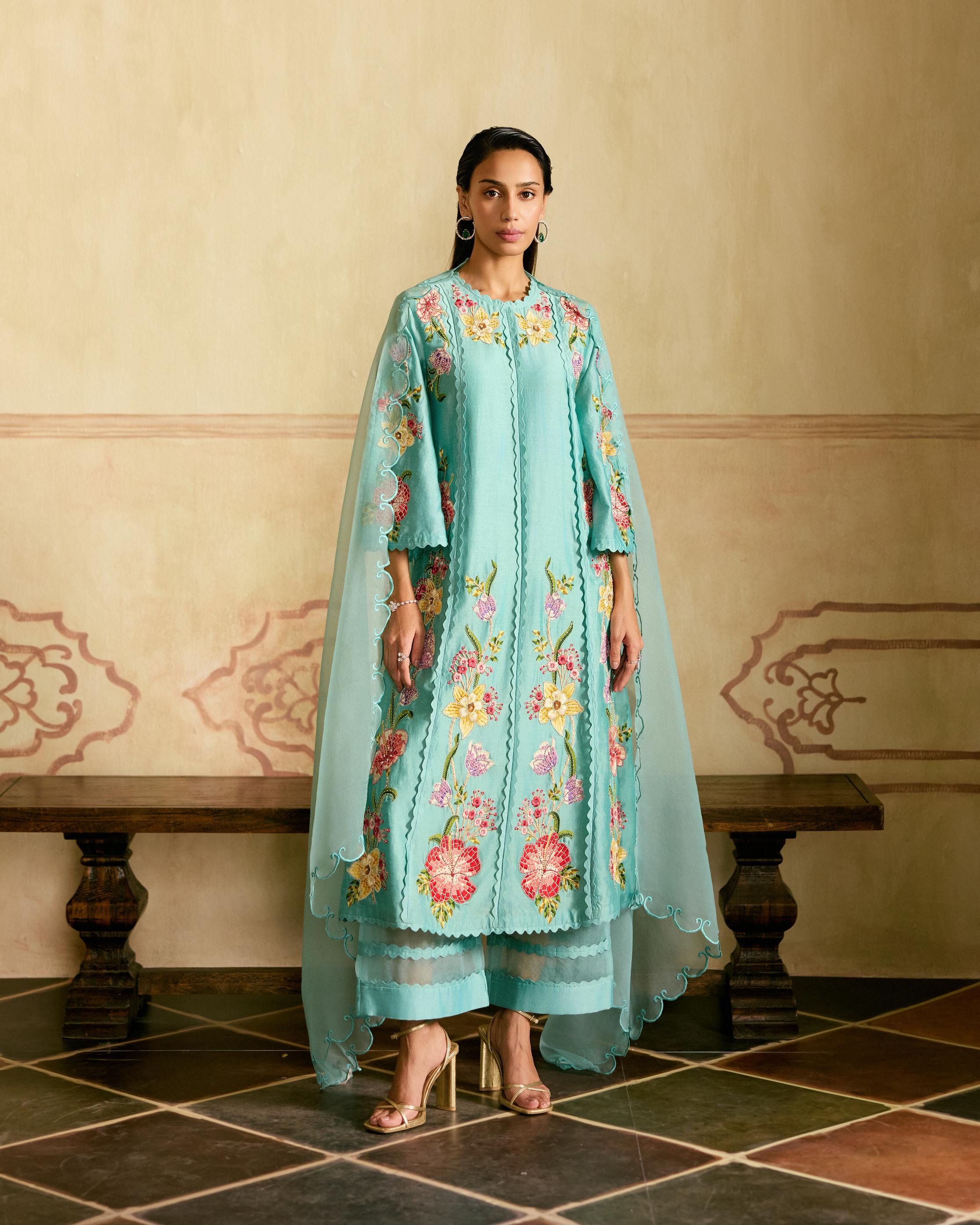 AQUA MOSAIC FLORAL VINES KURTA WITH SHEER DETAIL PANTS