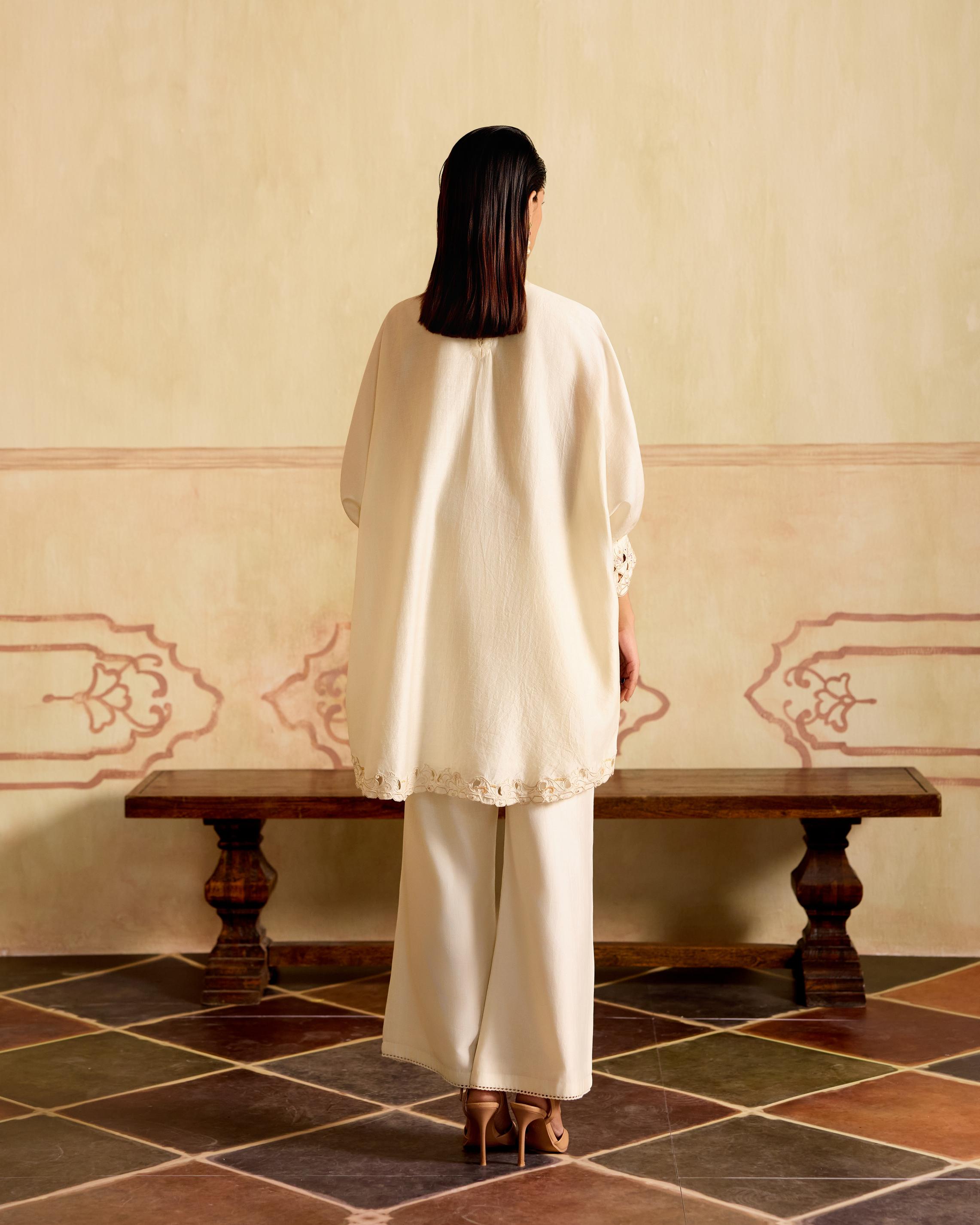 IVORY EMBROIDERED KIMONO TUNIC WITH CUTWORK PANTS