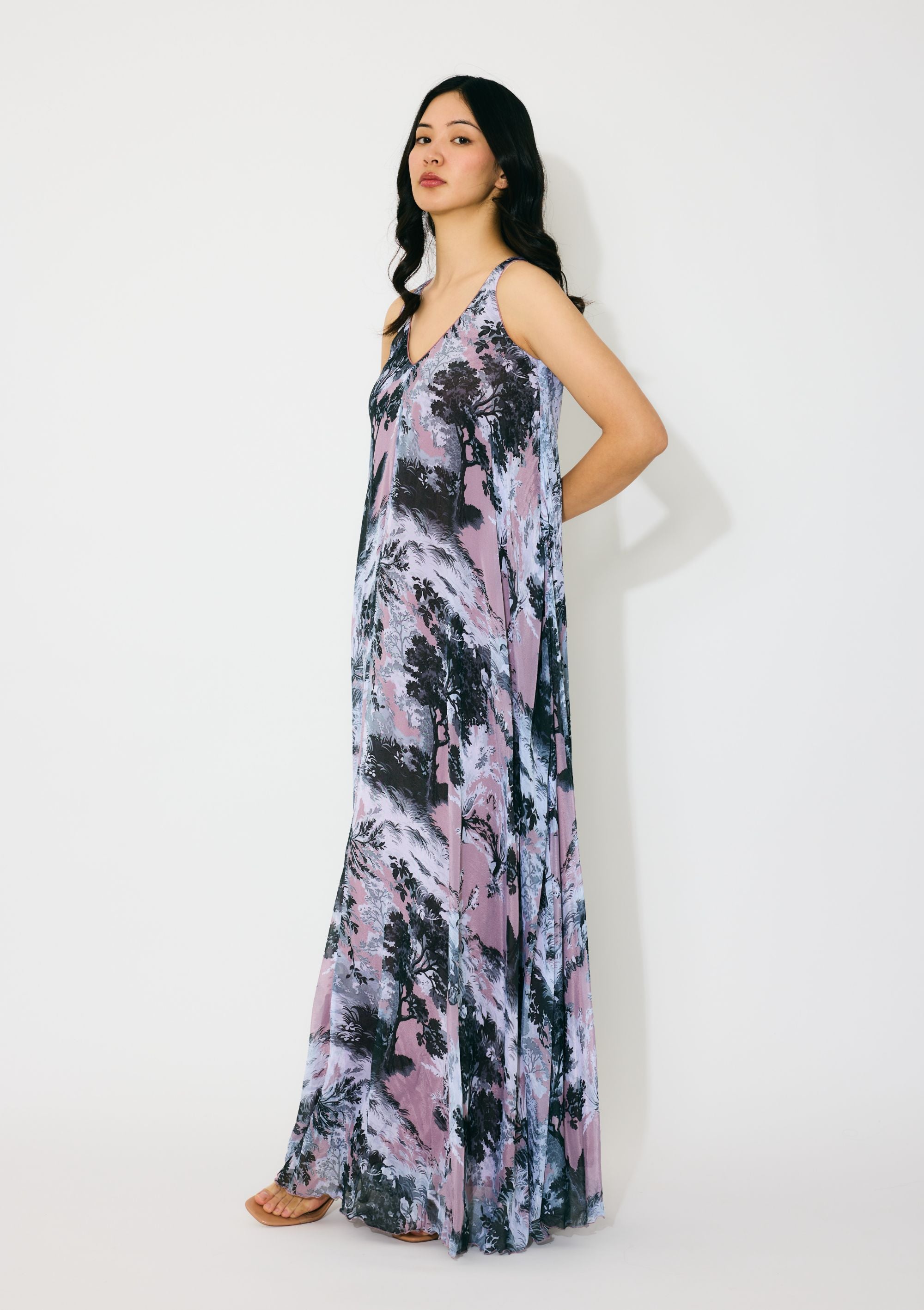 PINK, GREY AND WHITE TOILE PRINT LONG DRESS