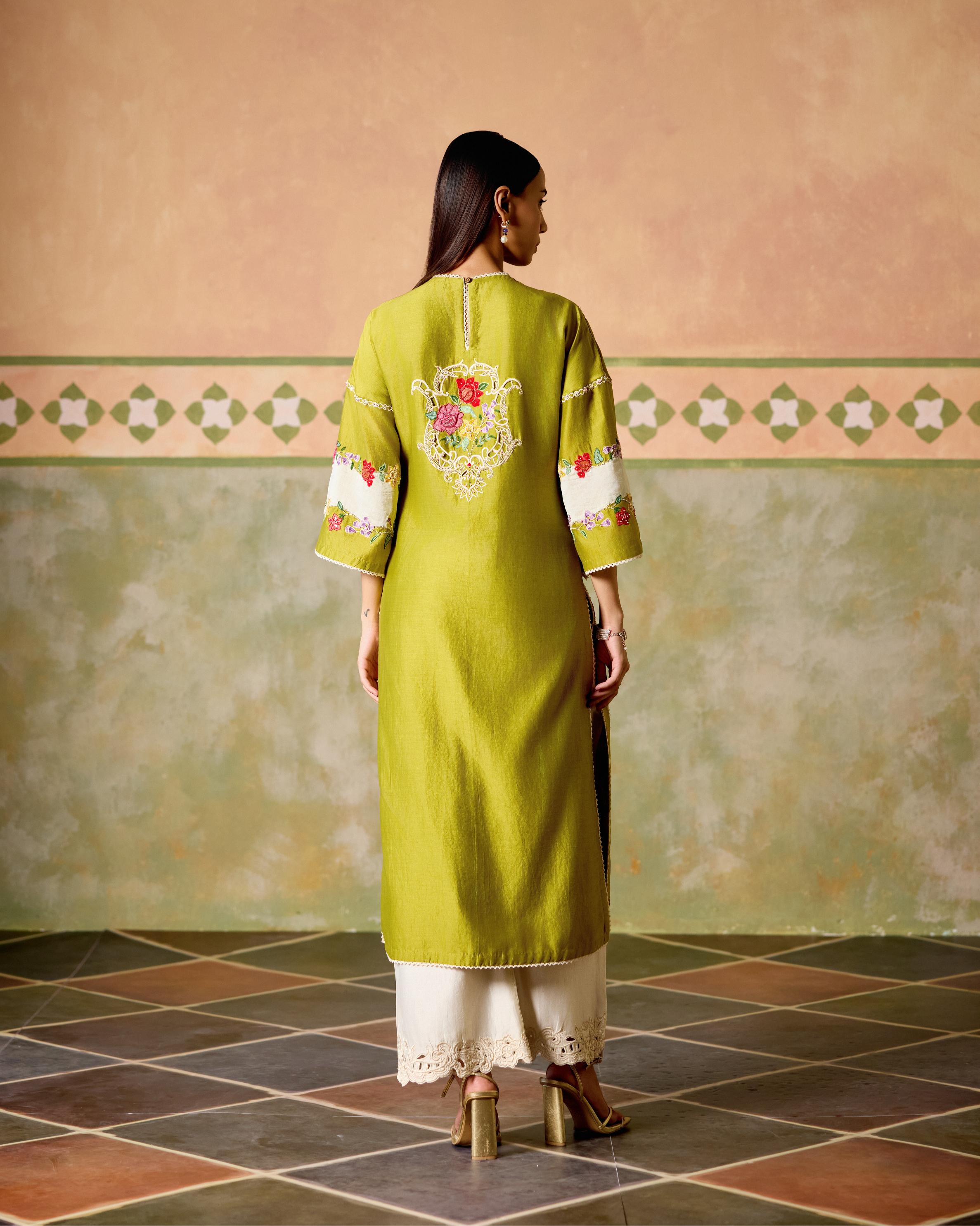 OLIVE AND IVORY COLOUR BLOCK KURTA WITH IVORY EMBROIDERED PANTS