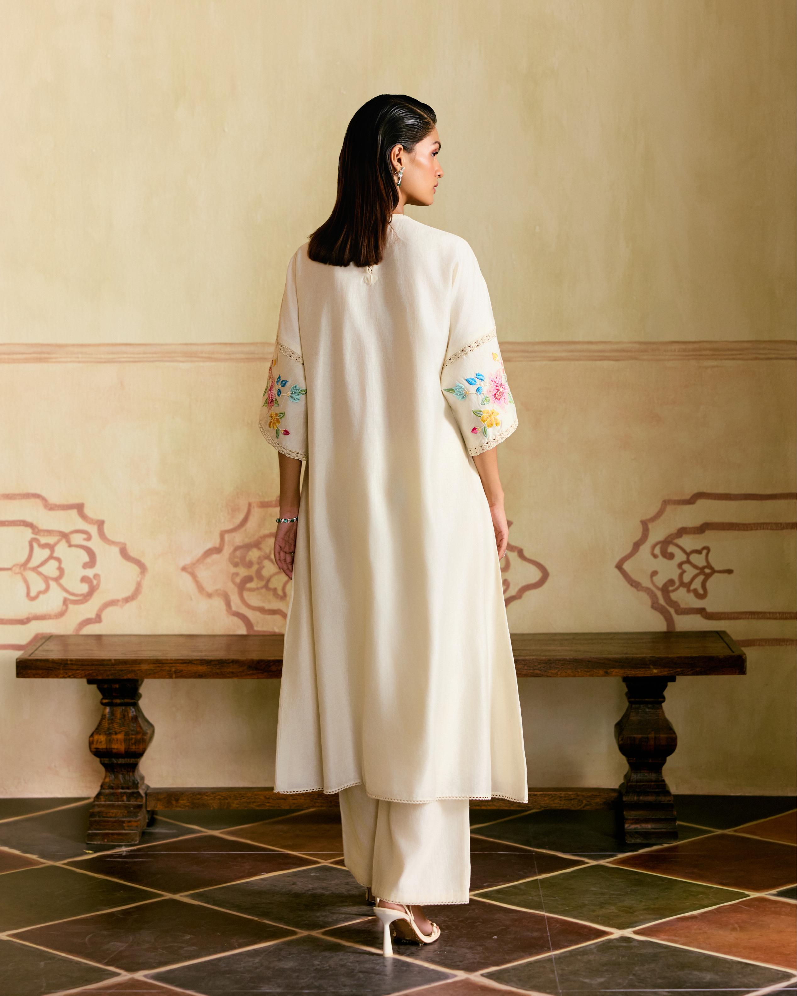 IVORY MOSAIC FLORALS FLARED KURTA WITH SHEER APPLIQUE PANTS