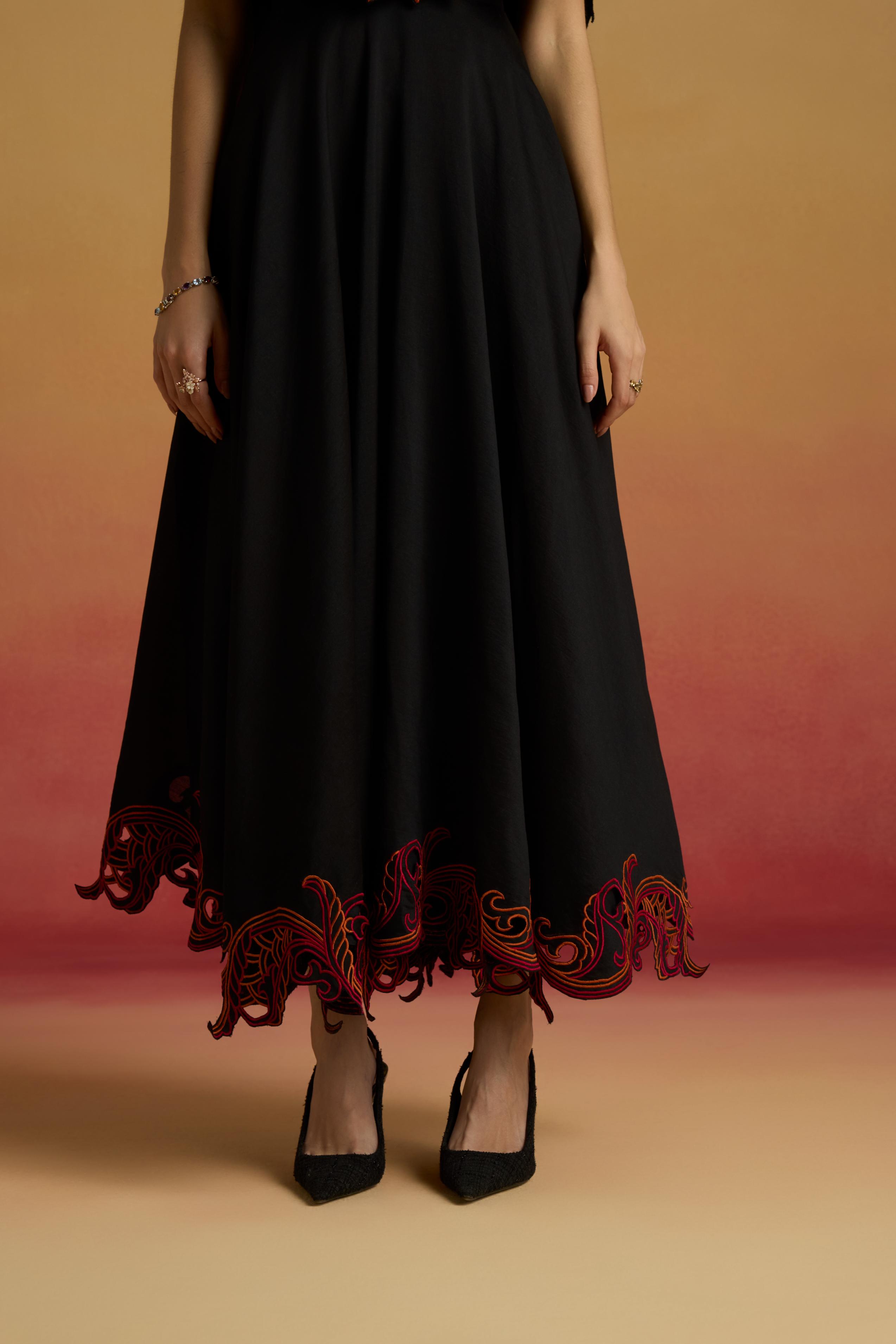 Elegant Black Chanderi Cape Flounce Dress with Intricate Threadwork & Beadwork