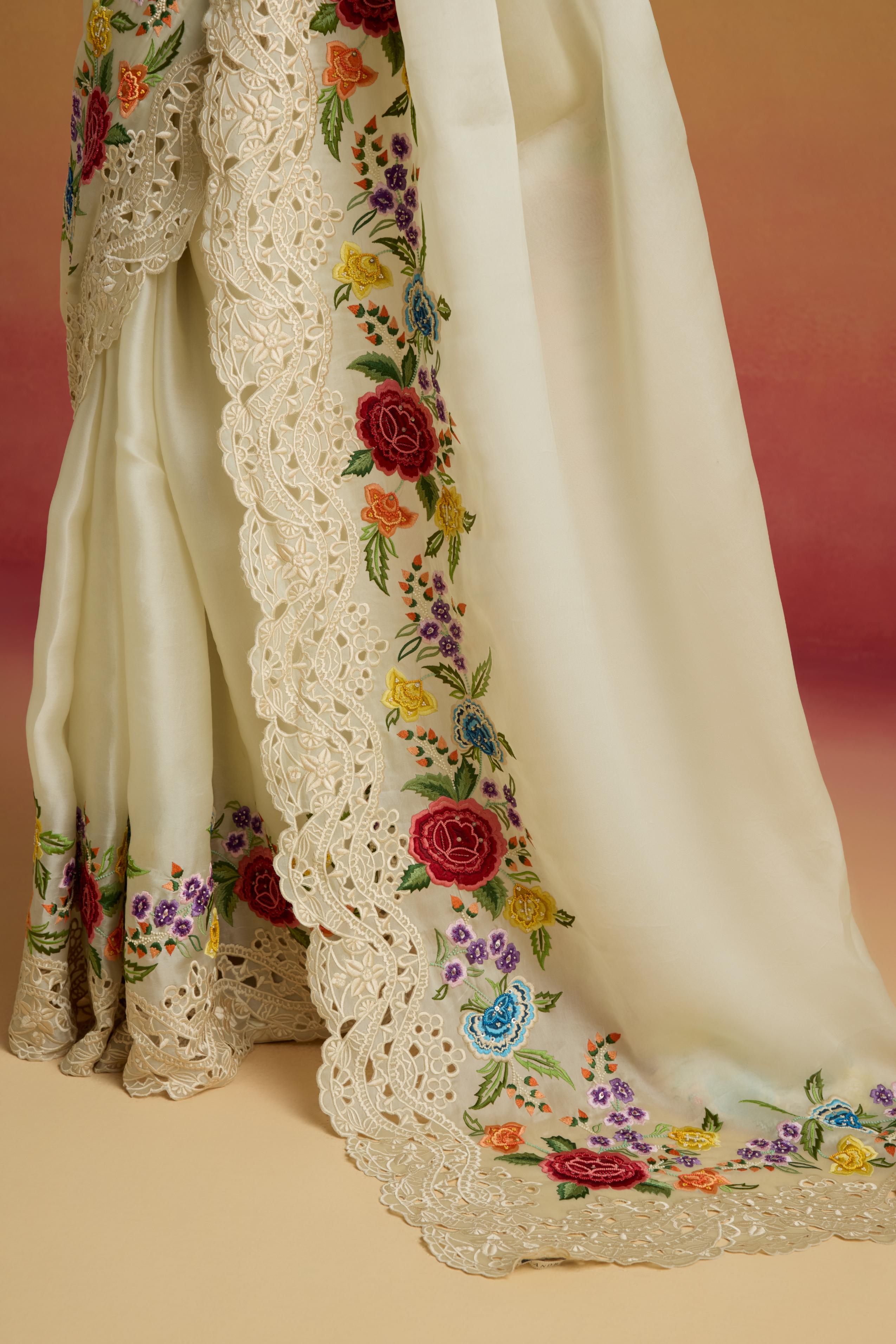 IVORY CUTWORK AND FLORAL THREADWORK SAREE