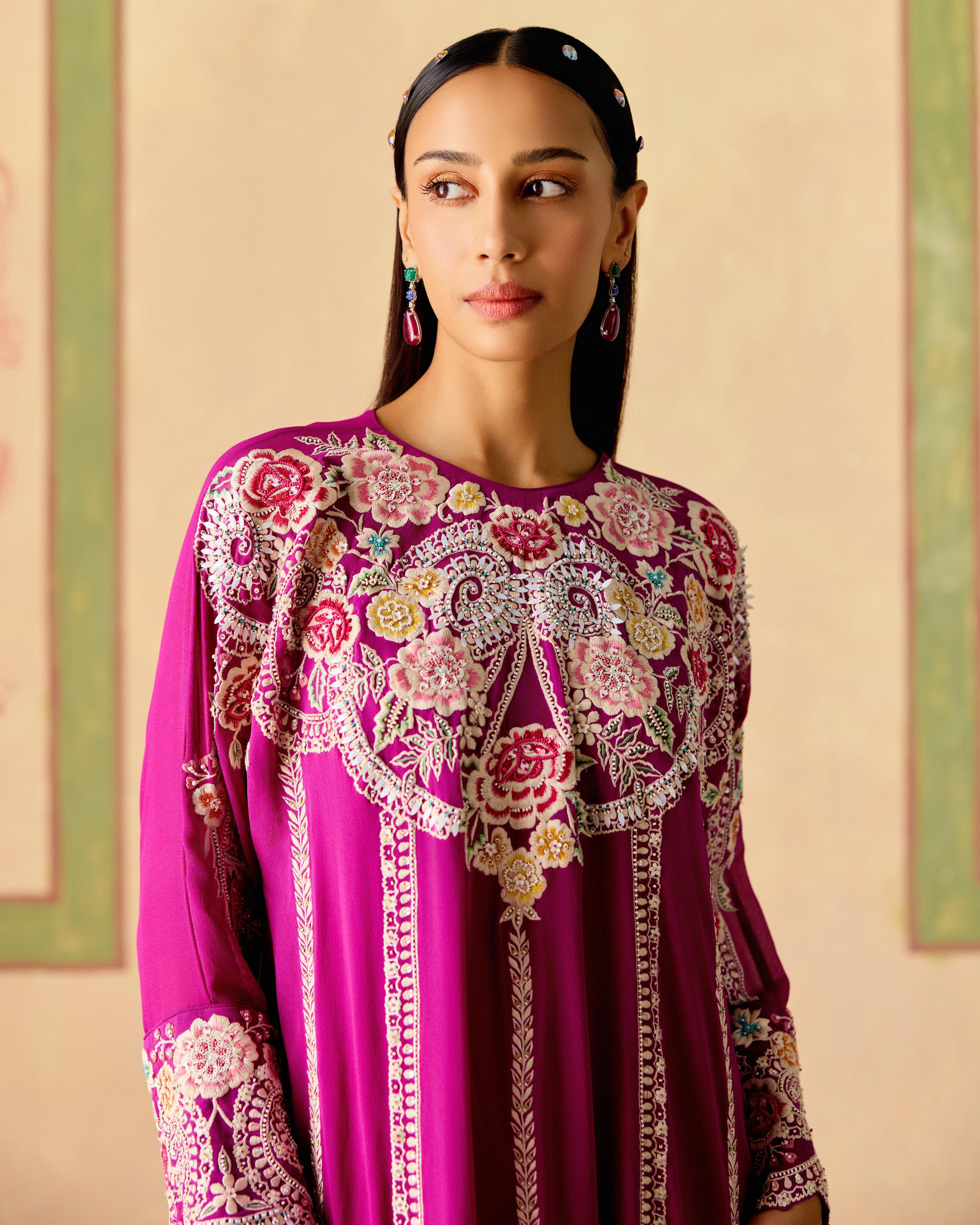 PURPLE CONTRAST EMBROIDERED KIMONO KURTA WITH NARROW PANTS