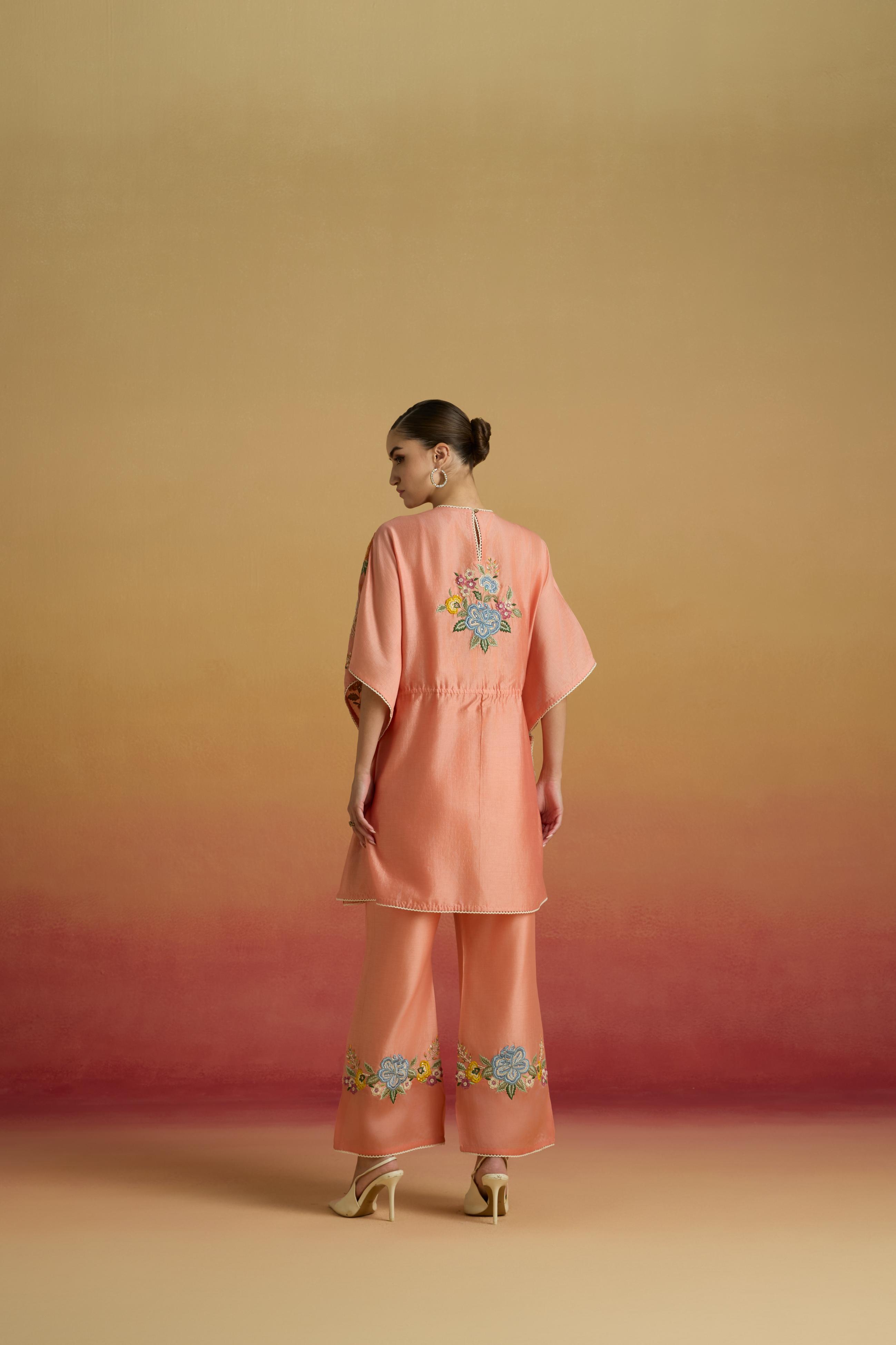 APRICOT FLORAL SHEER DETAIL PANTS