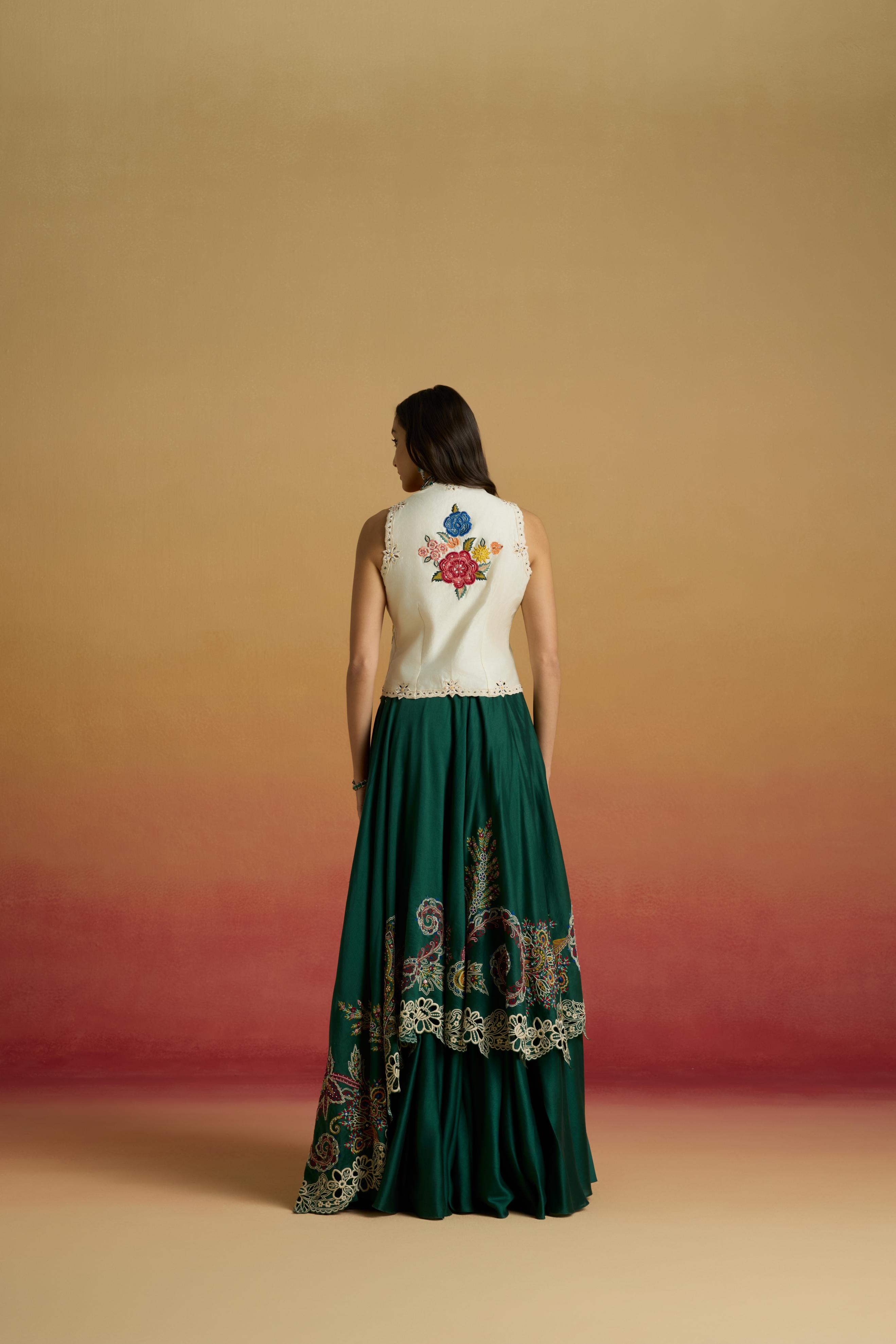 EMERALD GREEN PAISLEY EMBROIDERED LAYERED LEHENGA