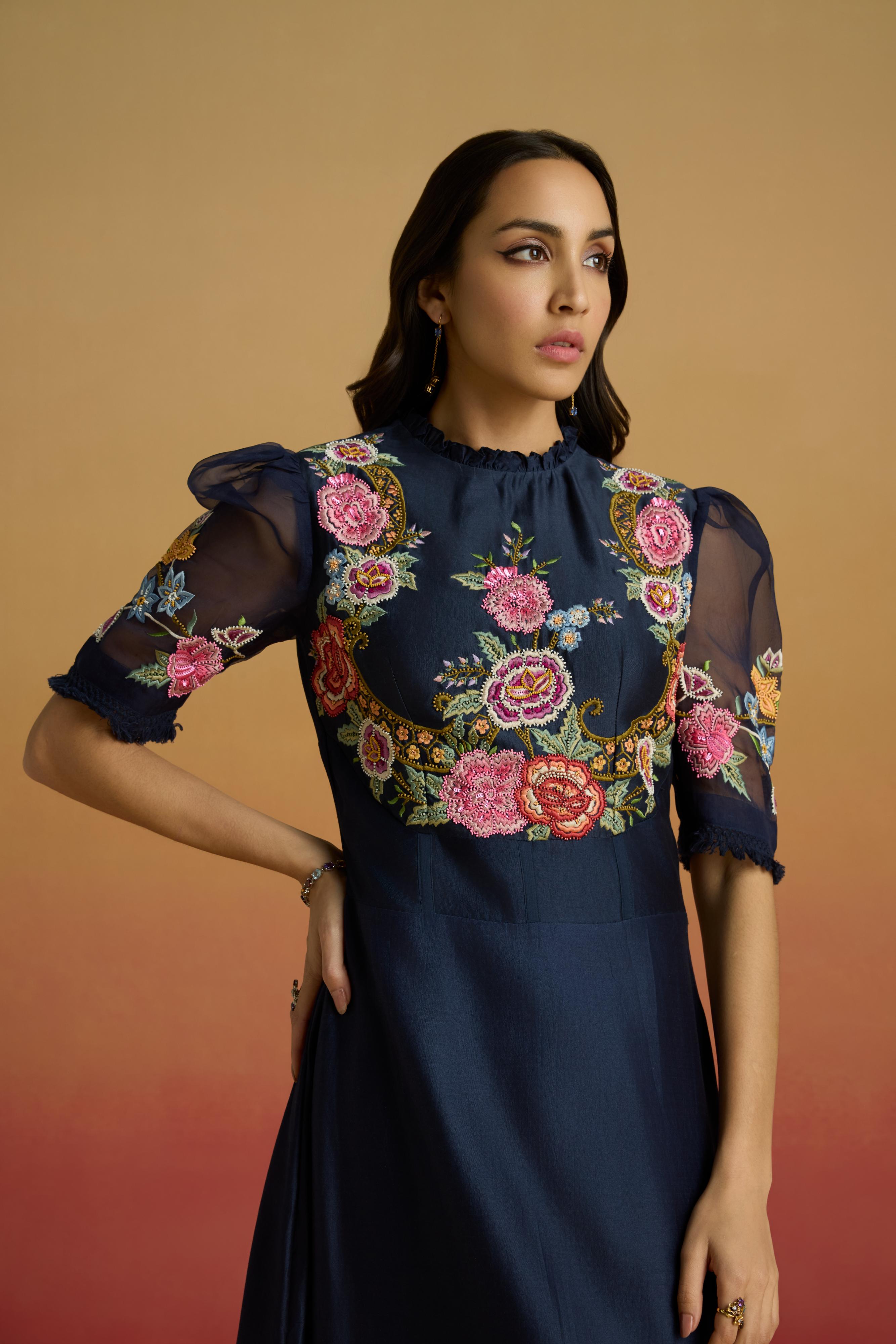 INDIGO FLORAL ASSYMETRIC DRESS