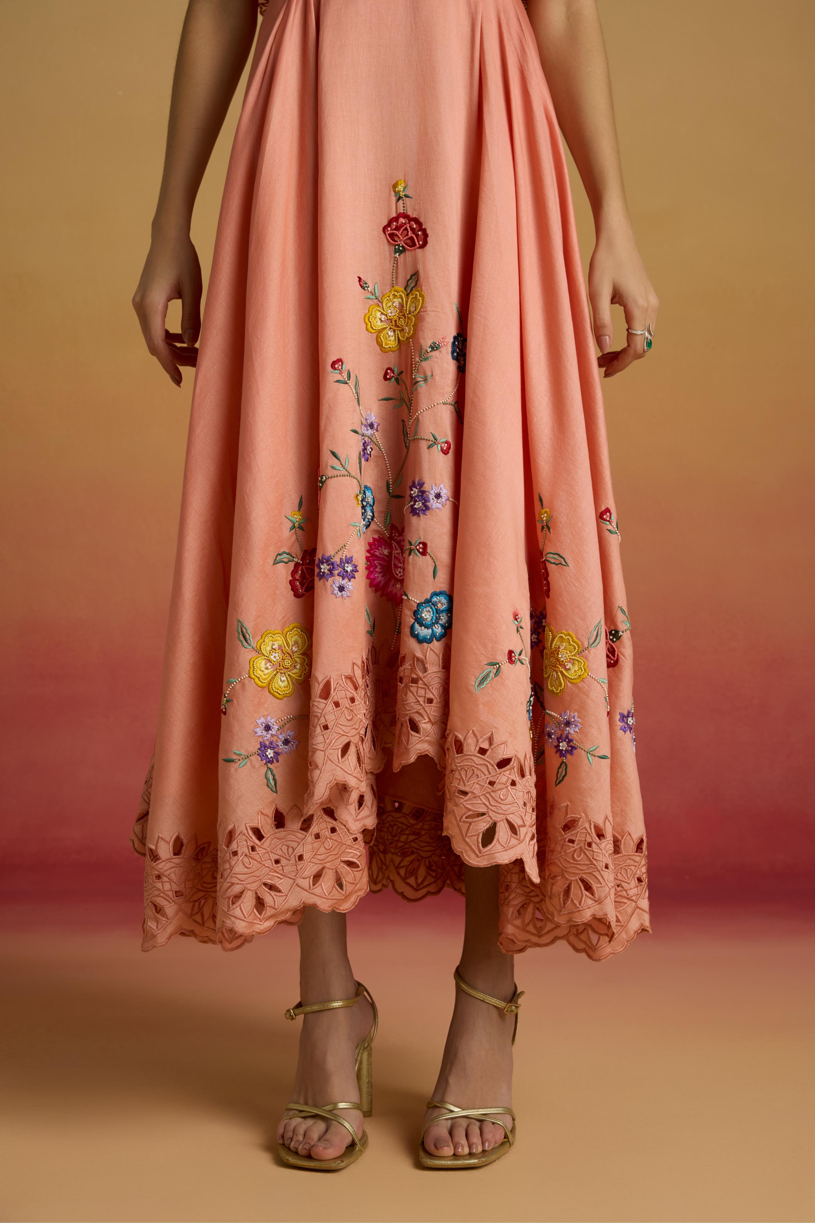 APRICOT CAPE DETAIL FLOUNCE DRESS