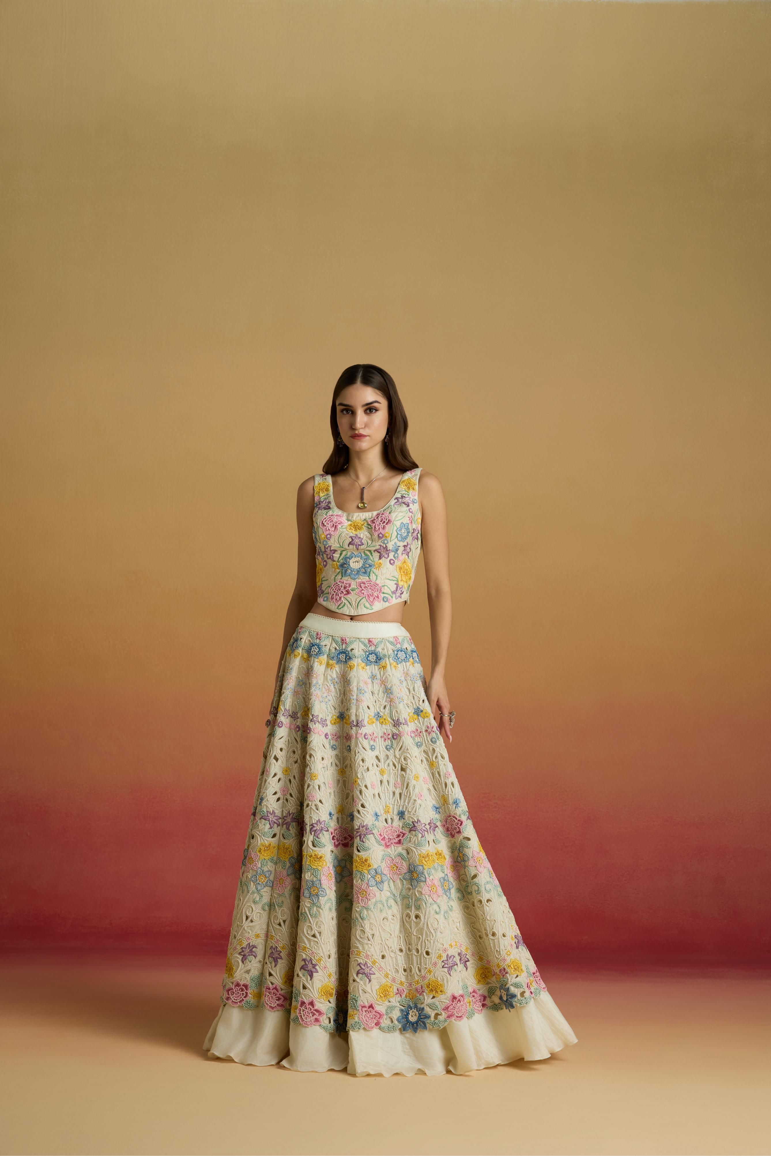 IVORY PASTEL FLORAL CORDWORK LEHENGA