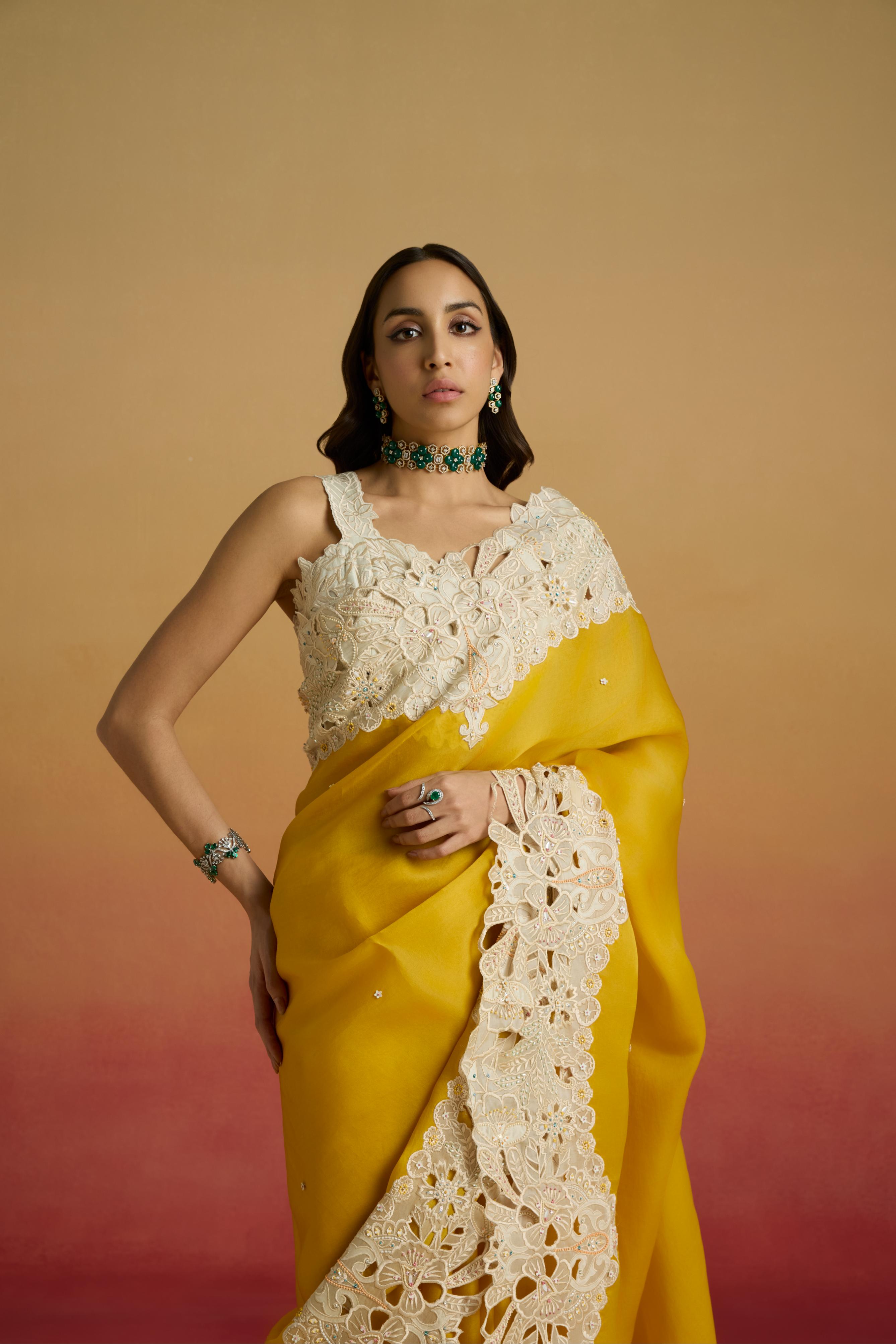 YELLOW CONTRAST CUTWORK SAREE