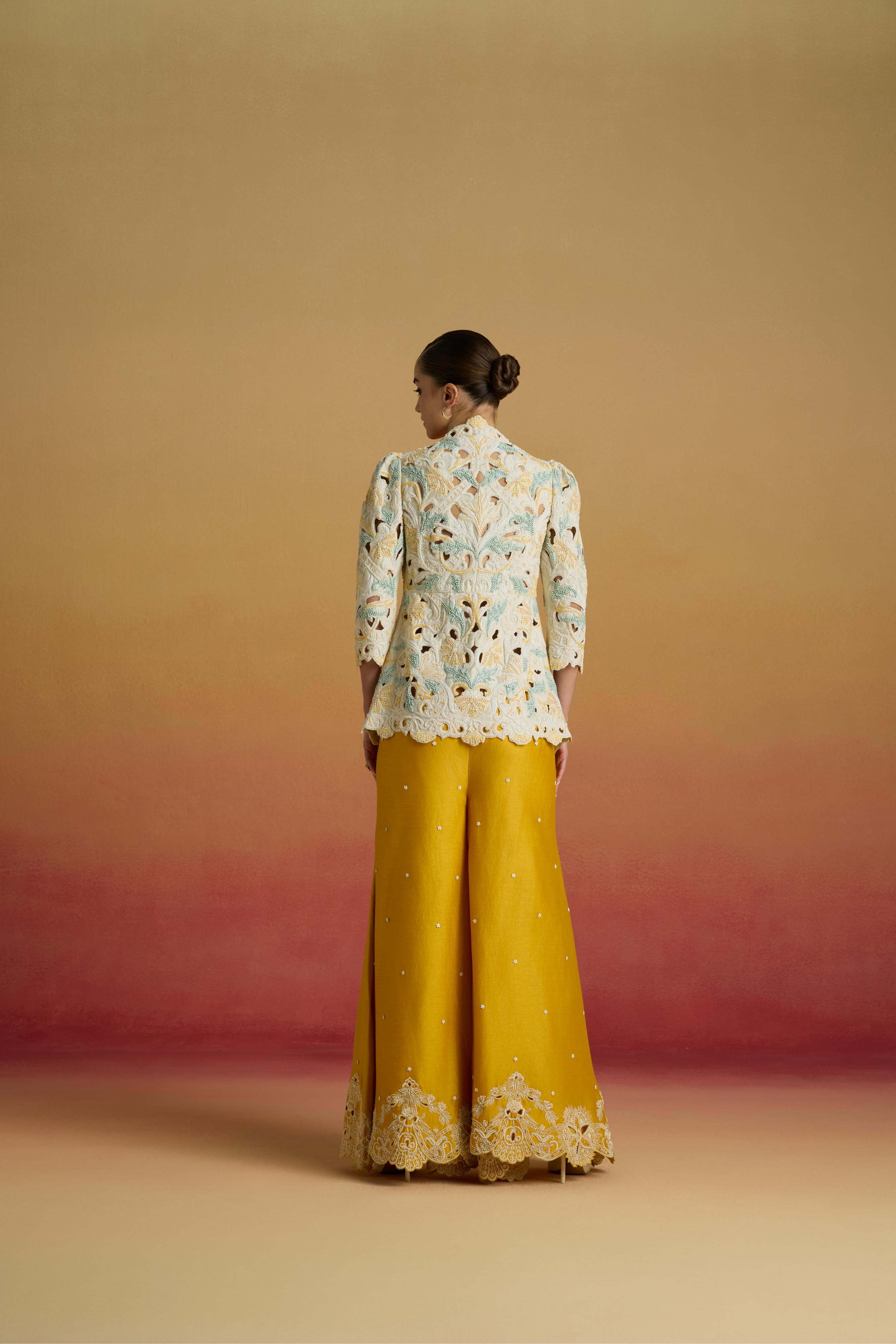 YELLOW CONTRAST CUTWORK SHARARA