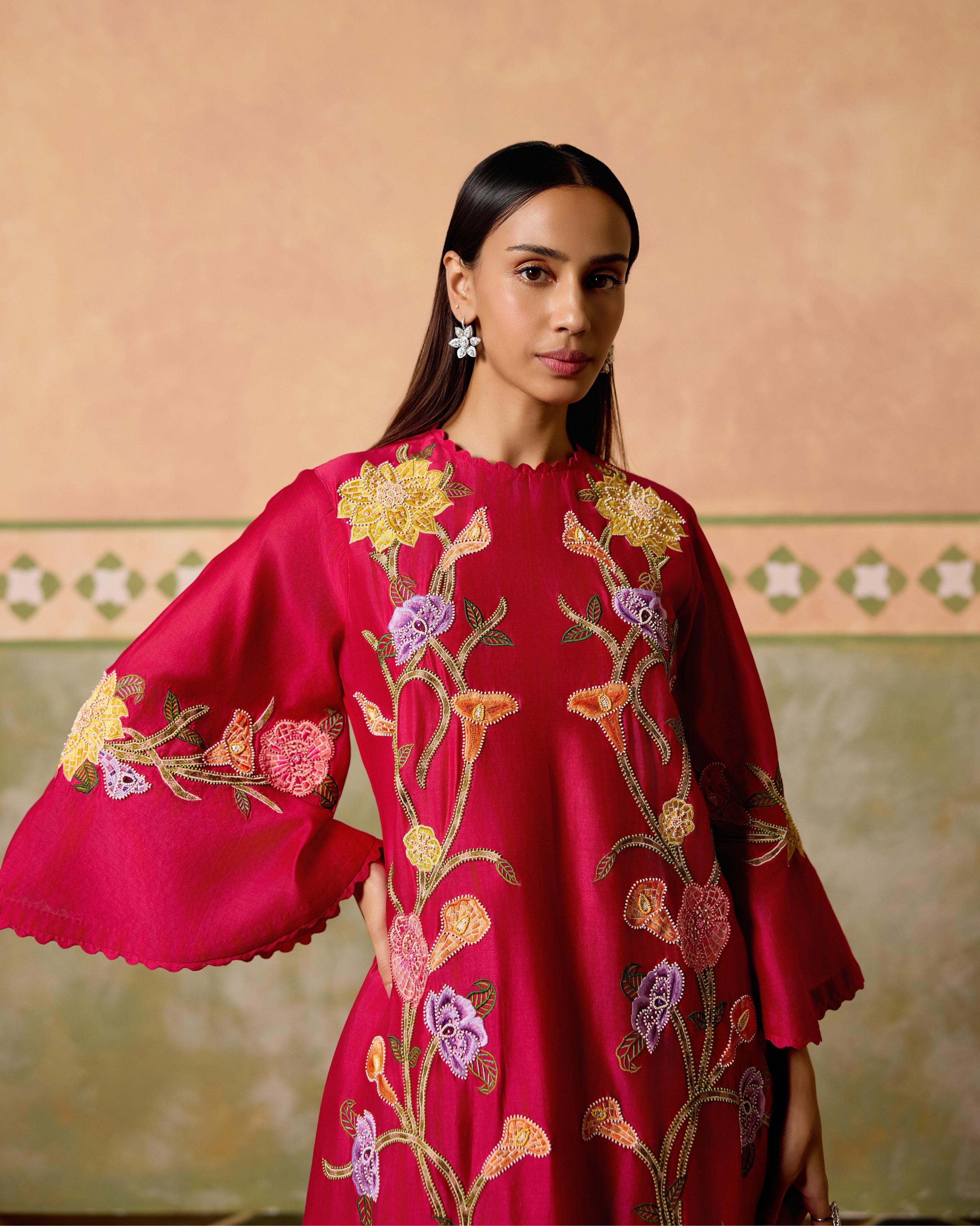 FUCHSIA MOSAIC FLORALS SHORT KURTA WITH CUTWORK FLARED PANTS