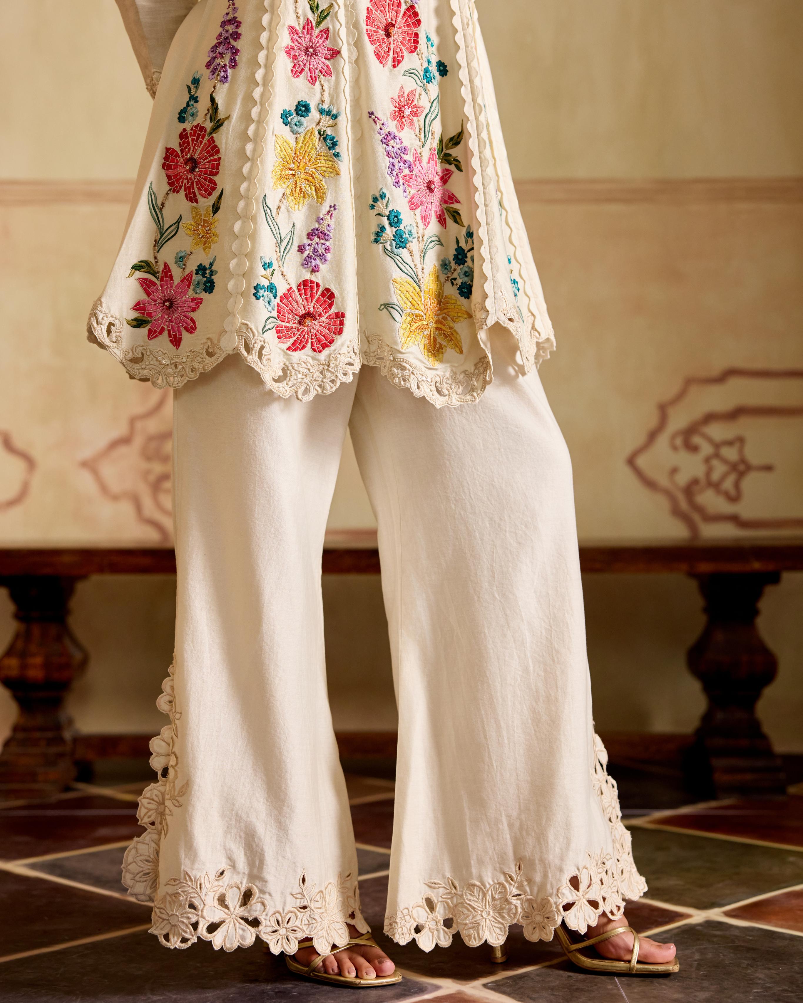 IVORY MOSAIC VINES FLARED SHORT KURTA WITH CUTWORK BELL BOTTOMS