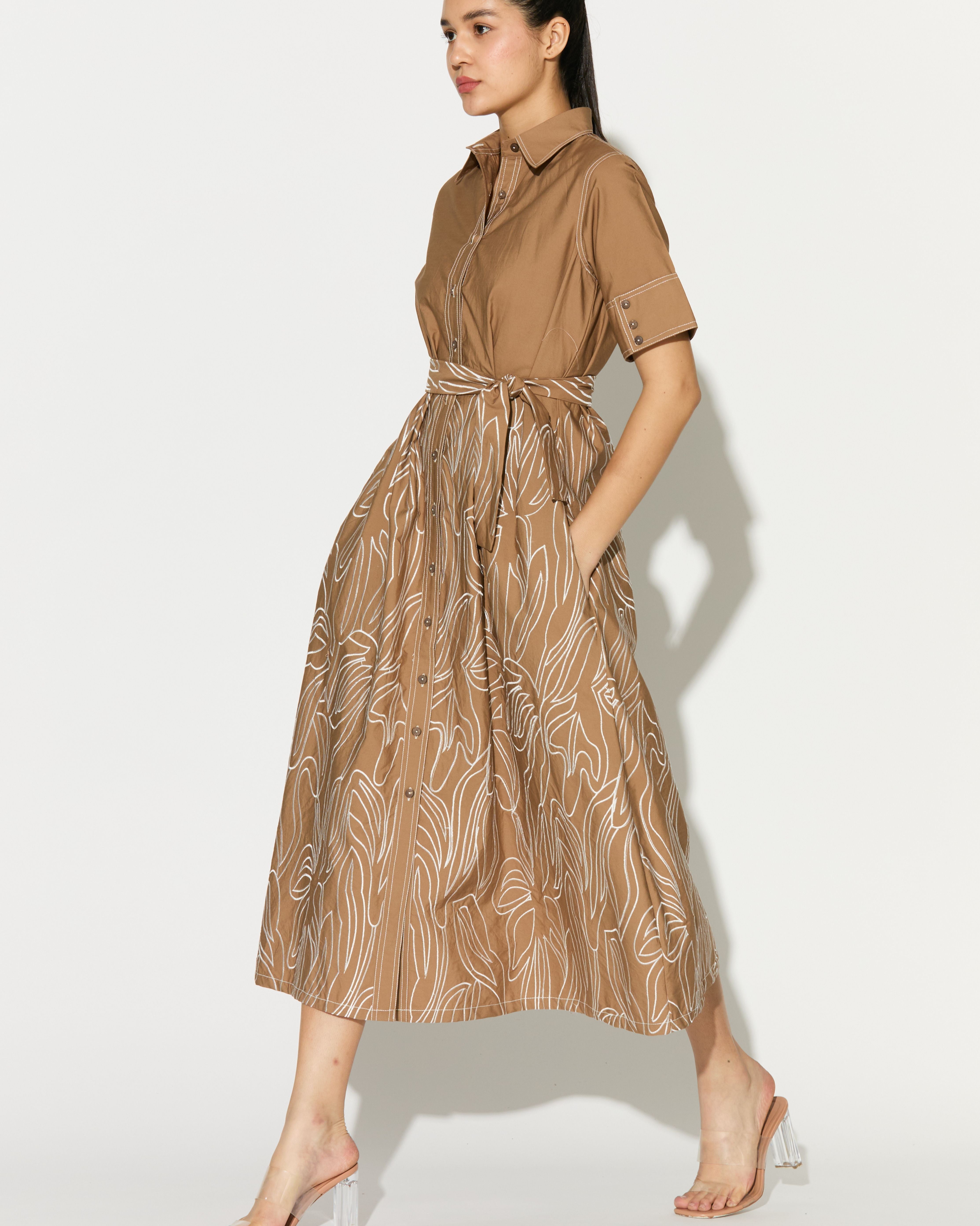 LIGHT BROWN EMBROIDERED SHIRT DRESS