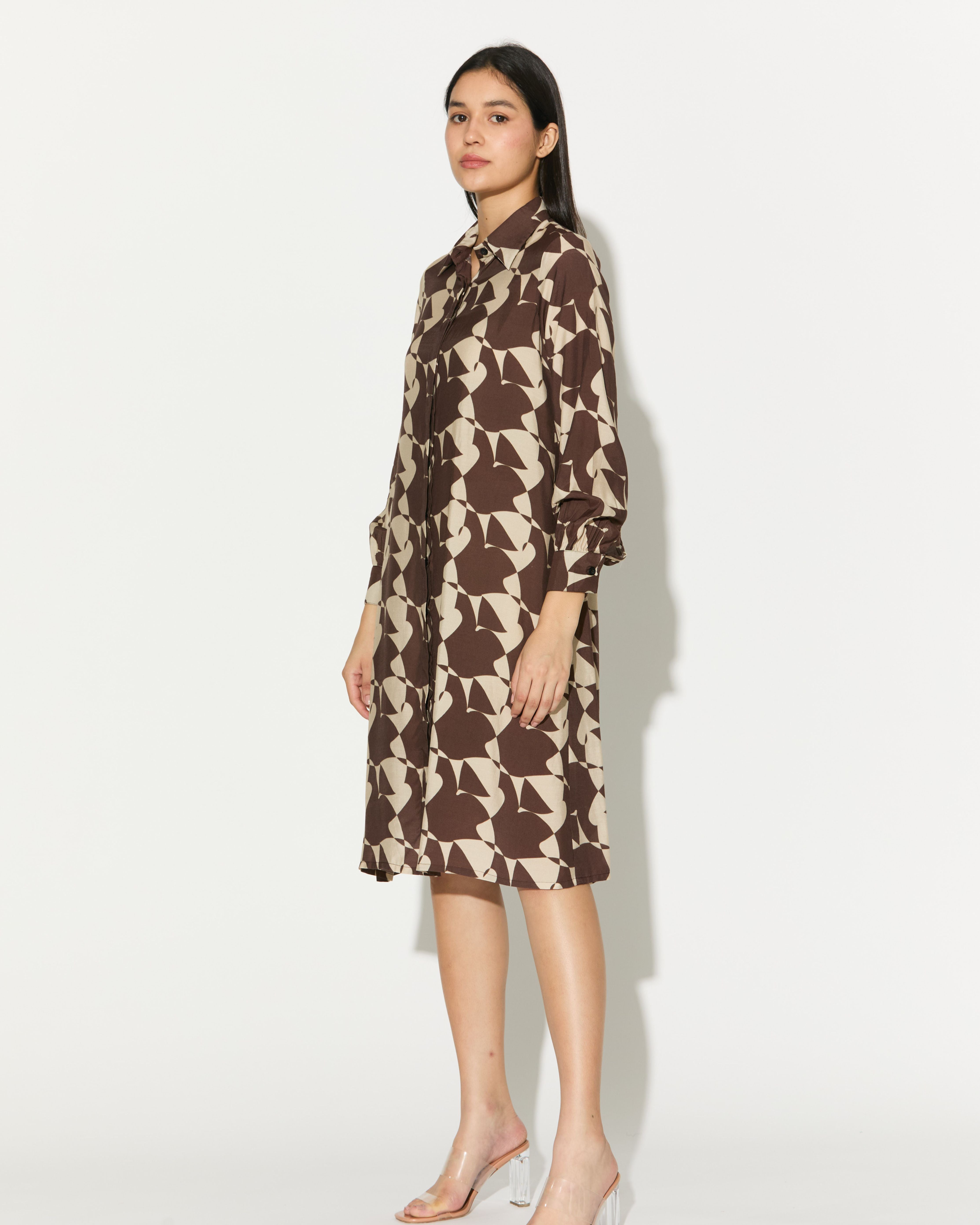 BROWN AND WHITE ABSTRACT SHIRT DRESS