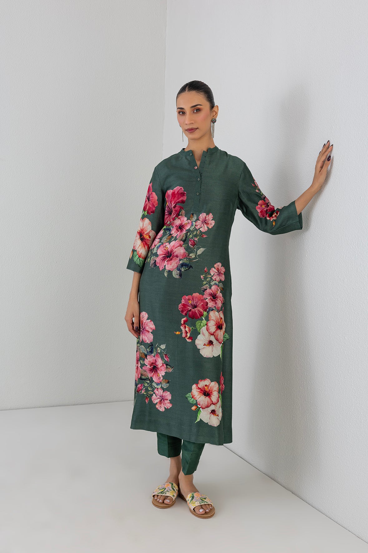 Minted Sage Dupion Hibiscus Printed Dress