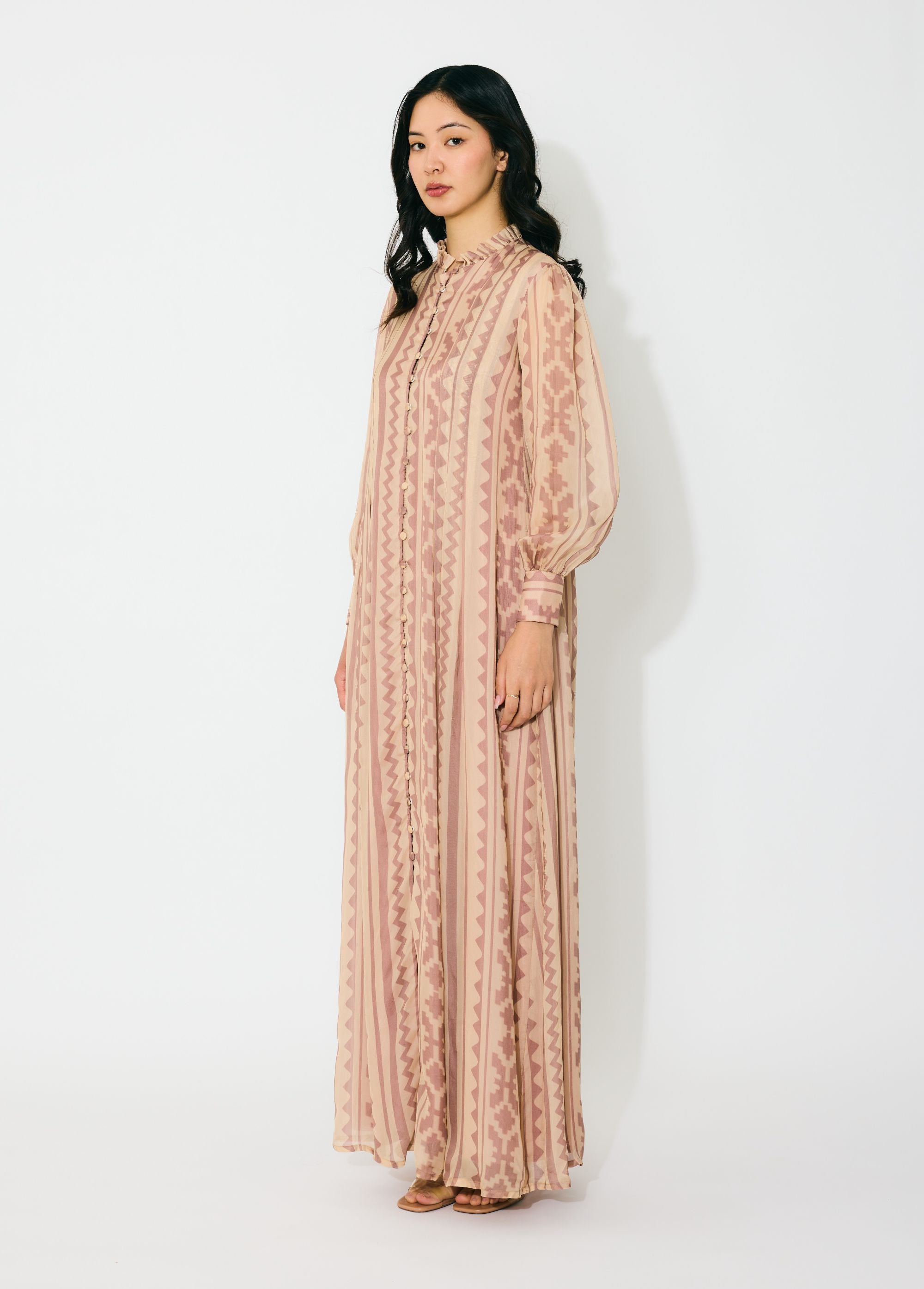 PEACH AND CREAM PATTERN LONG SHIRT DRESS