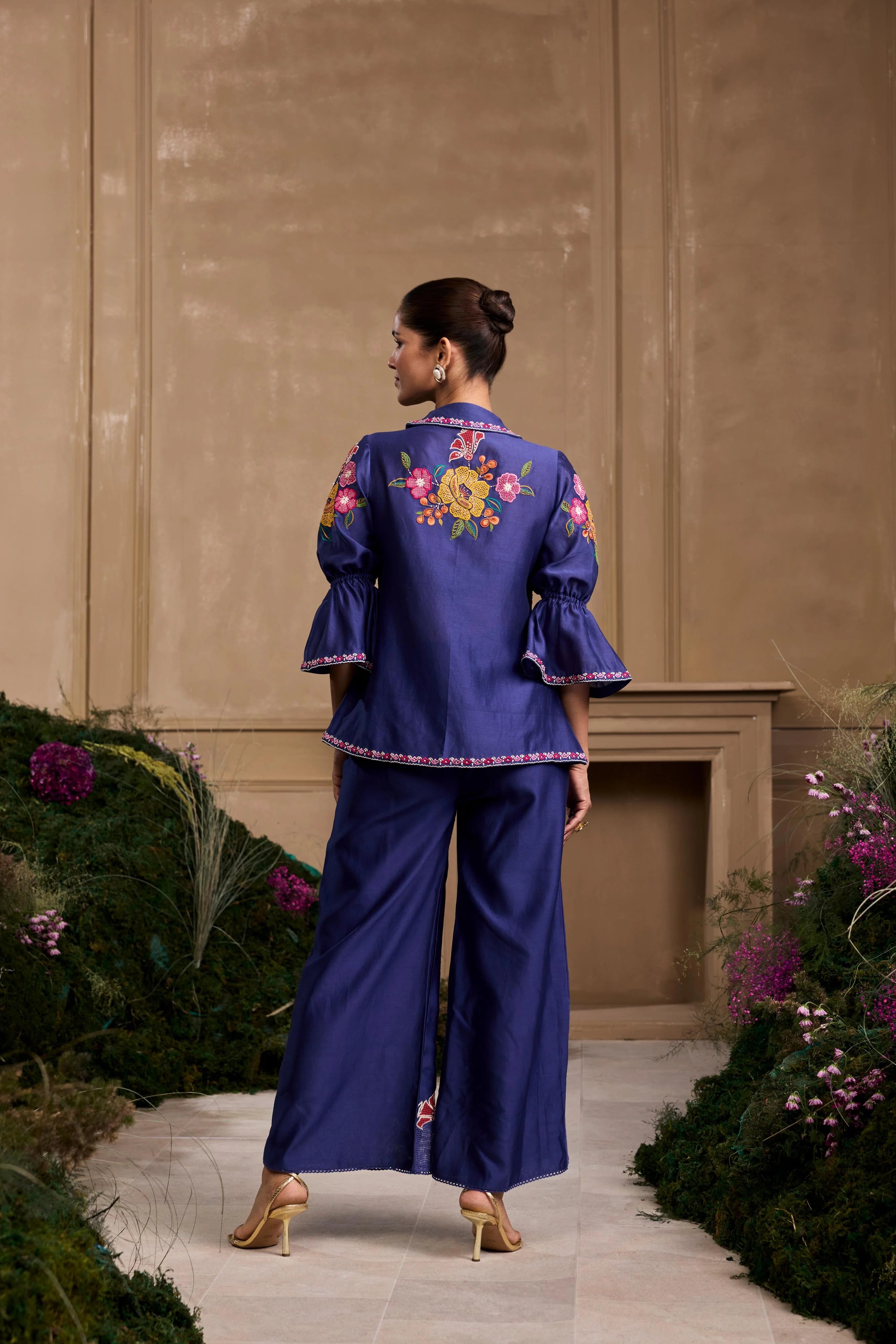 COBALT BLUE EMBROIDERED FLARED PANTS & SHIRT