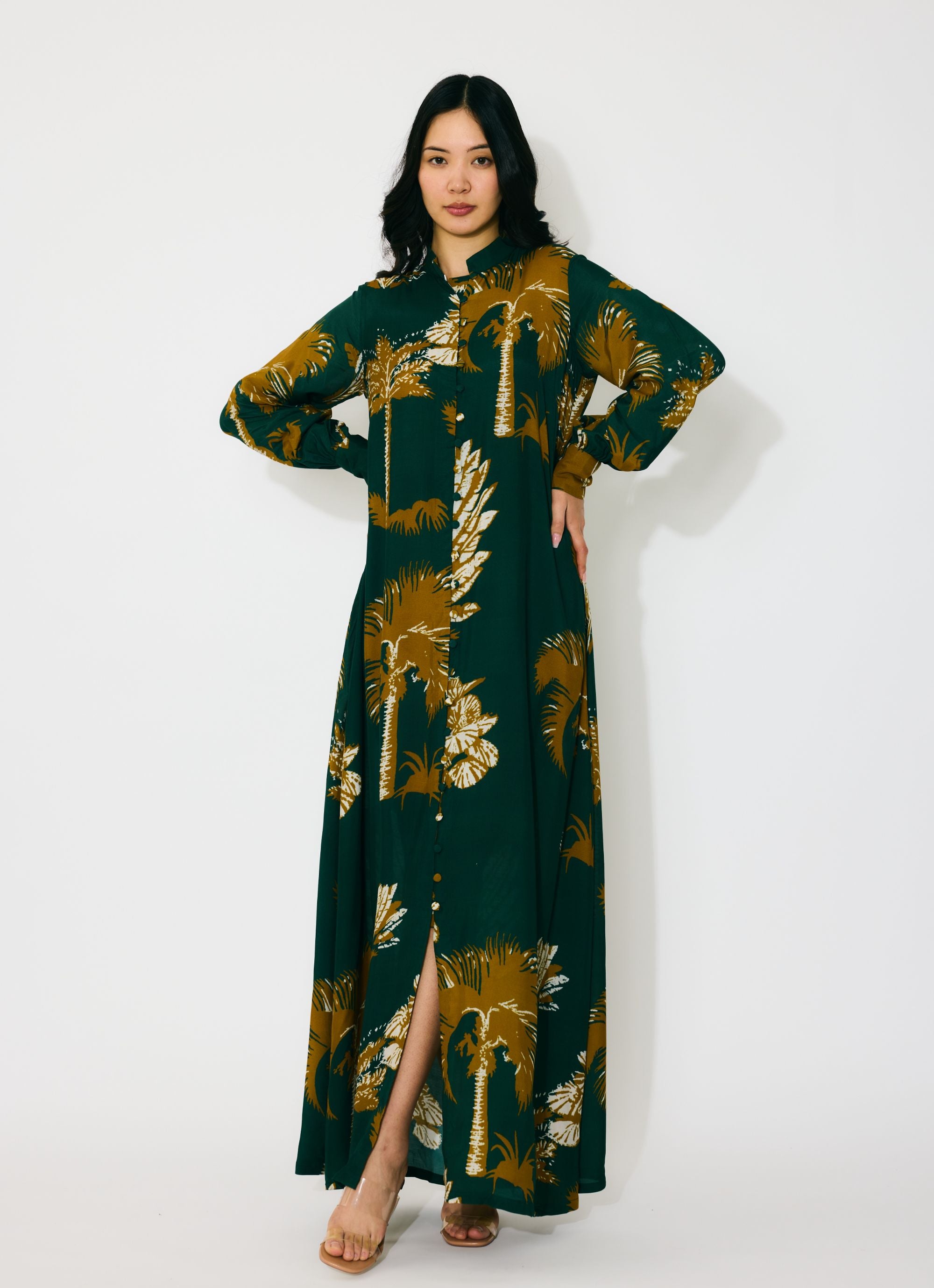 DARK GREEN AND MUSTARD FLORAL LONG SHIRT DRESS