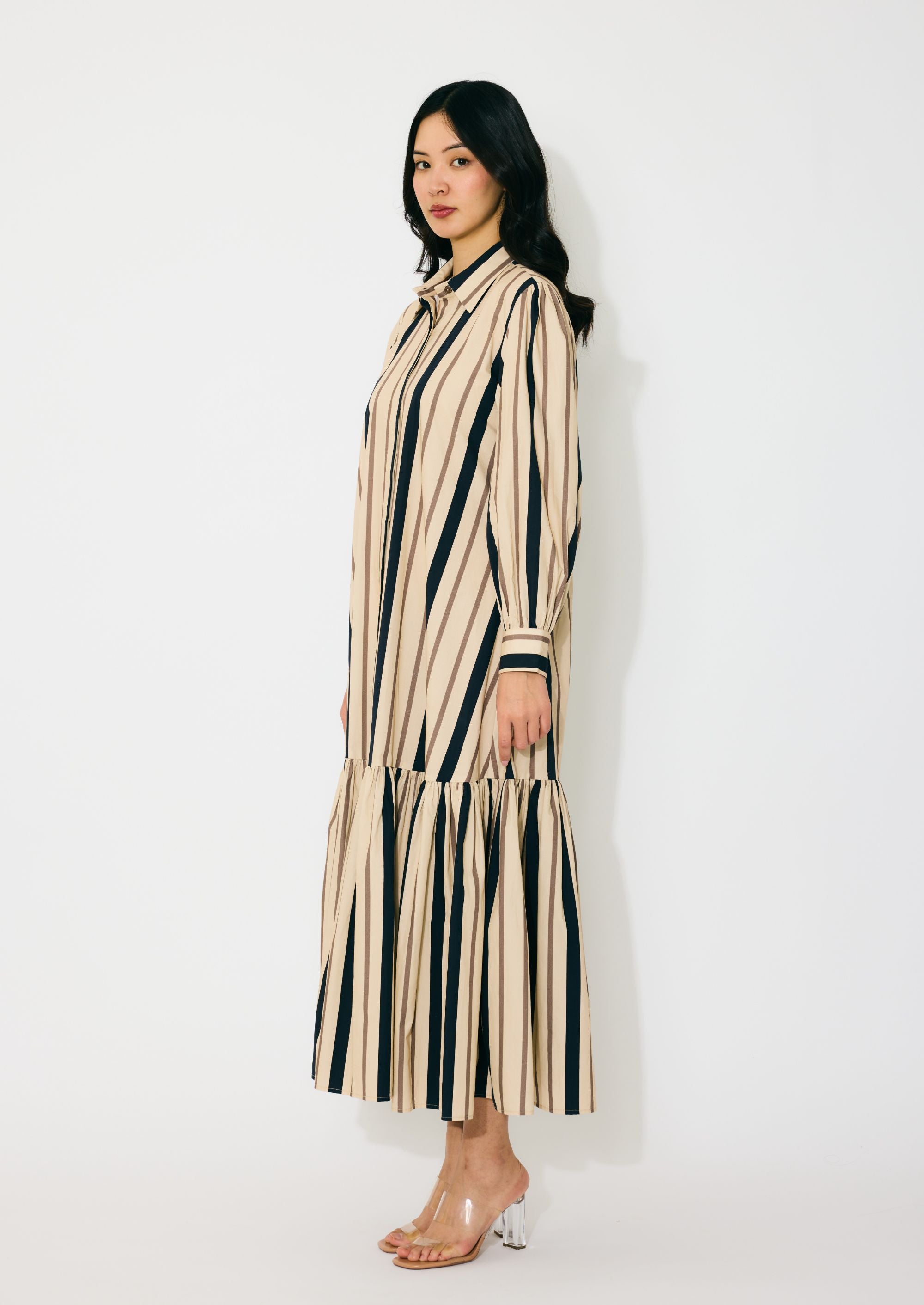 CREAM AND DARK GREEN STRIPE SHIRT DRESS