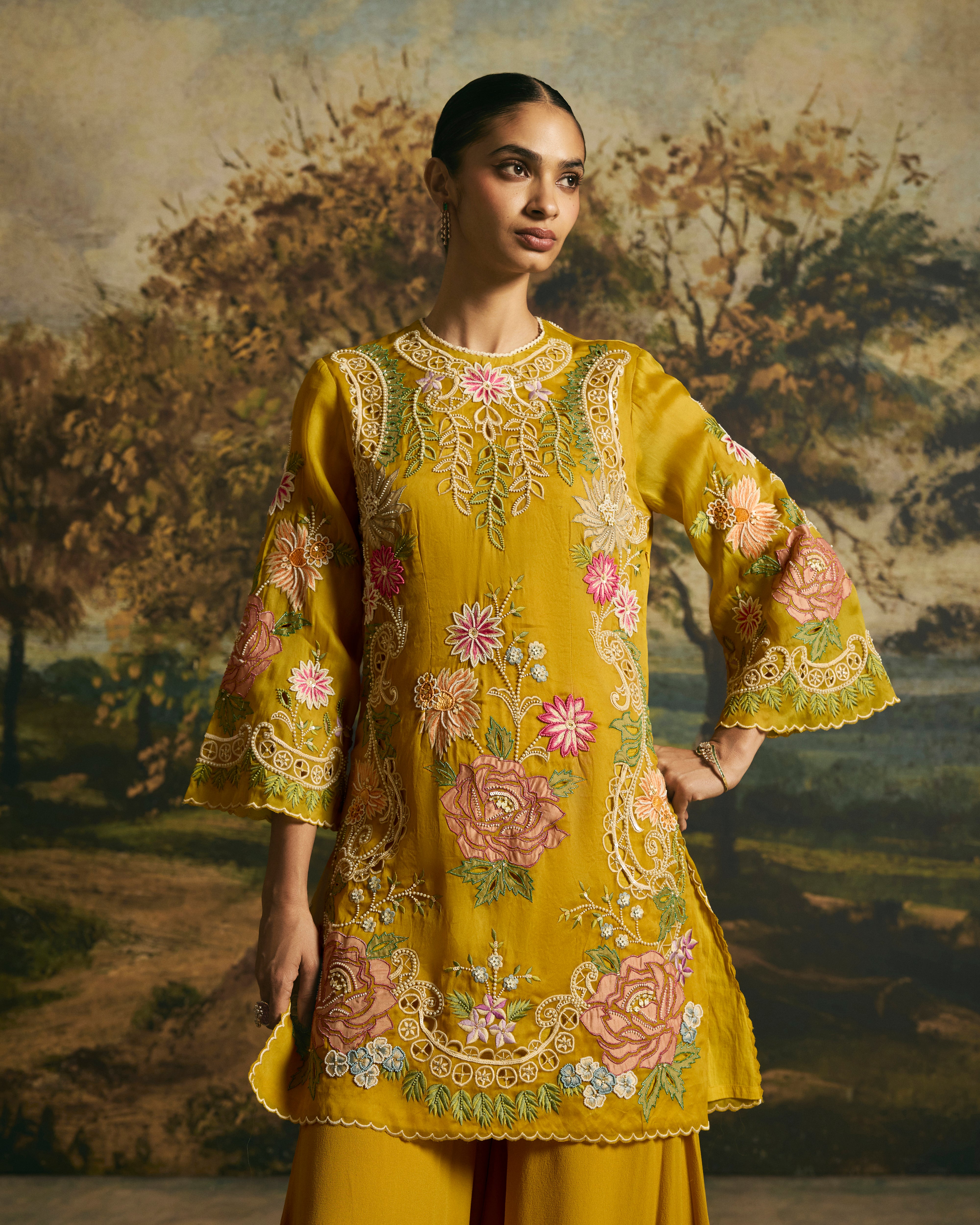 AMBER YELLOW FLORAL MEDLEY SHORT KURTA WITH SHARARA