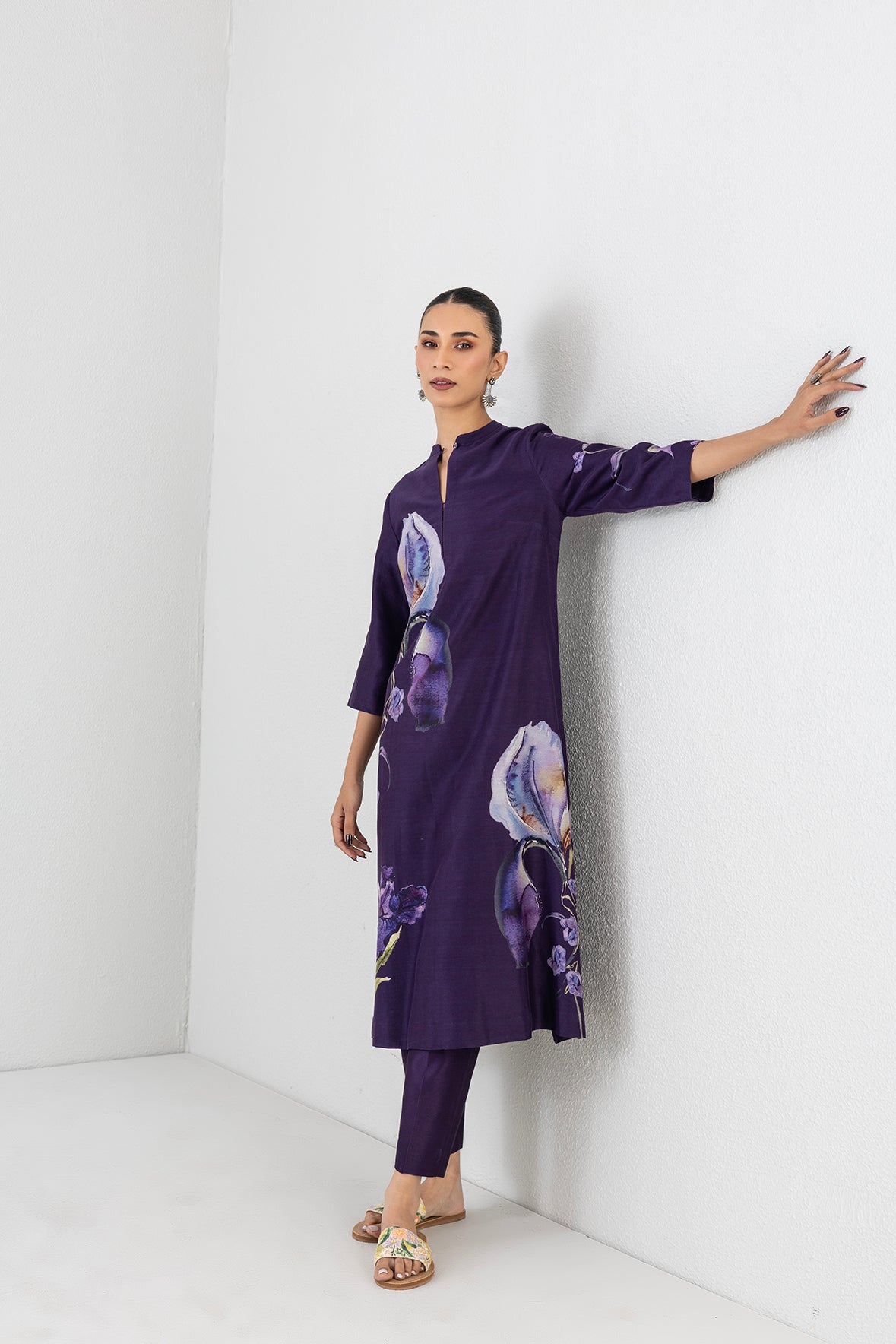 Violet Abyss Silk Chanderi Iris Lily Printed Tunic