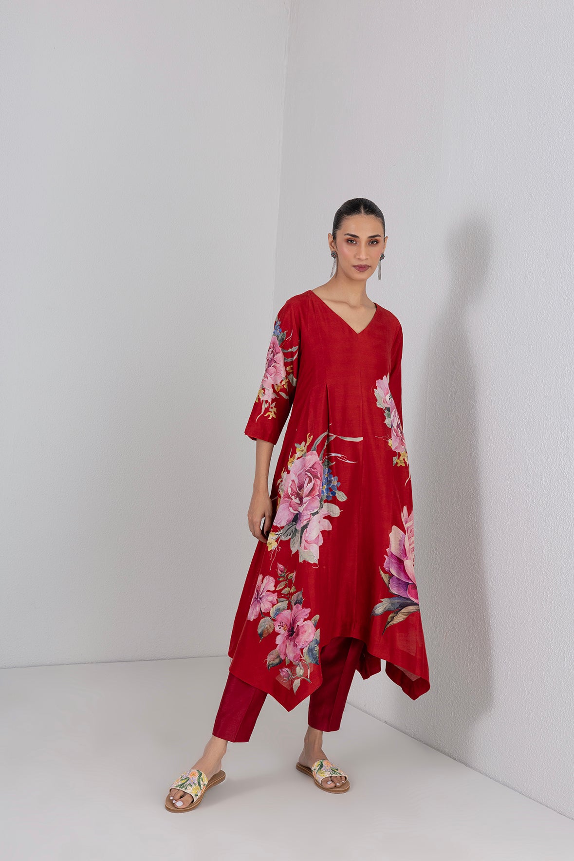 Crimson Flame Red Silk Chanderi China Rose Printed Dress