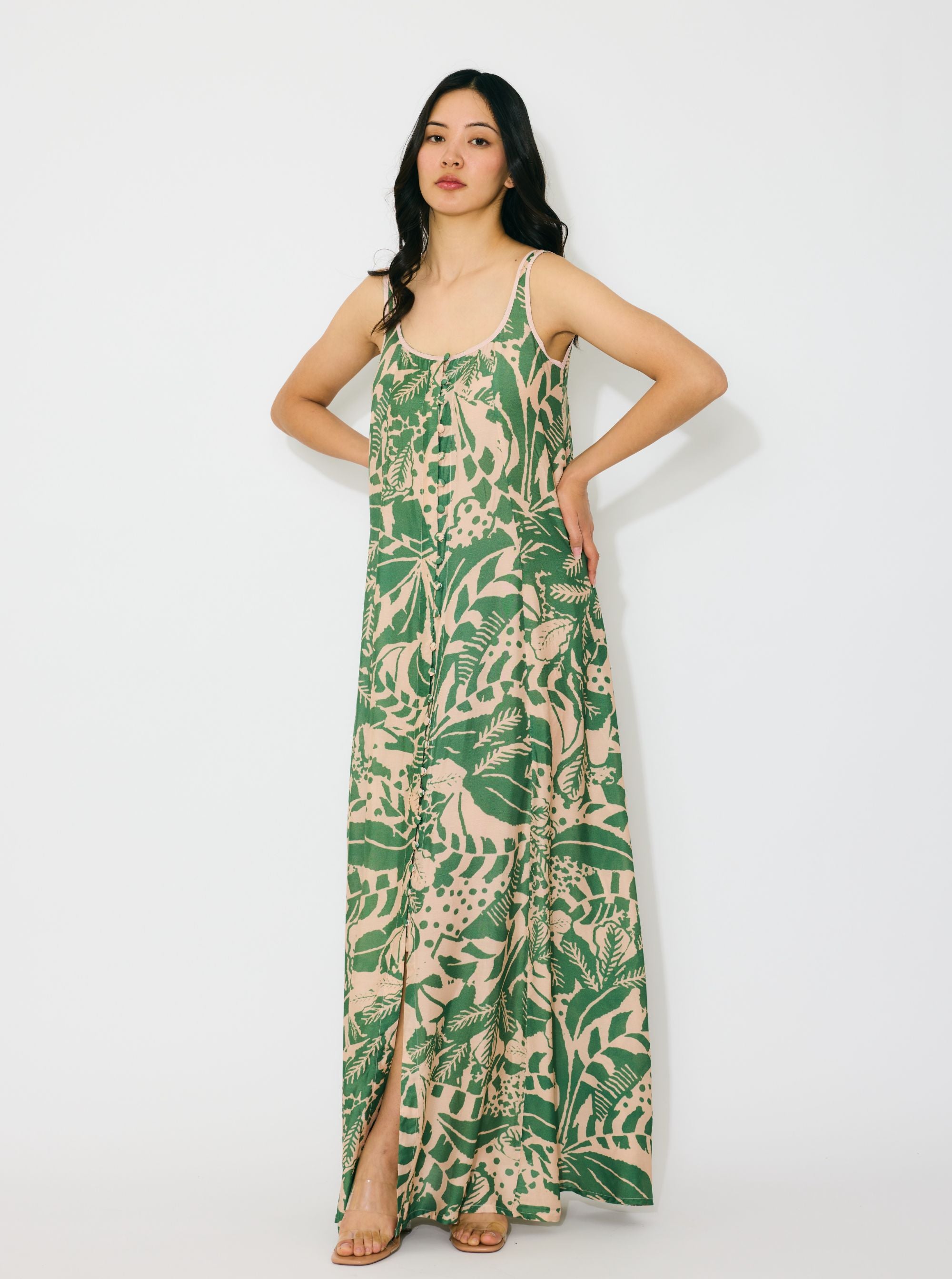 PEACH AND GREEN SLEEVELESS LONG DRESS