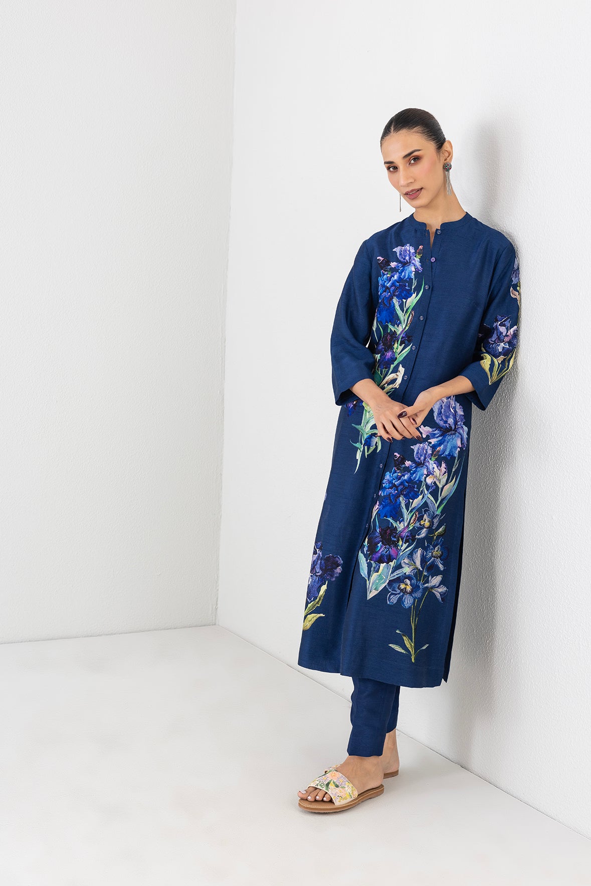 Blue Lagoon Dupion Floral Buta Printed Tunic