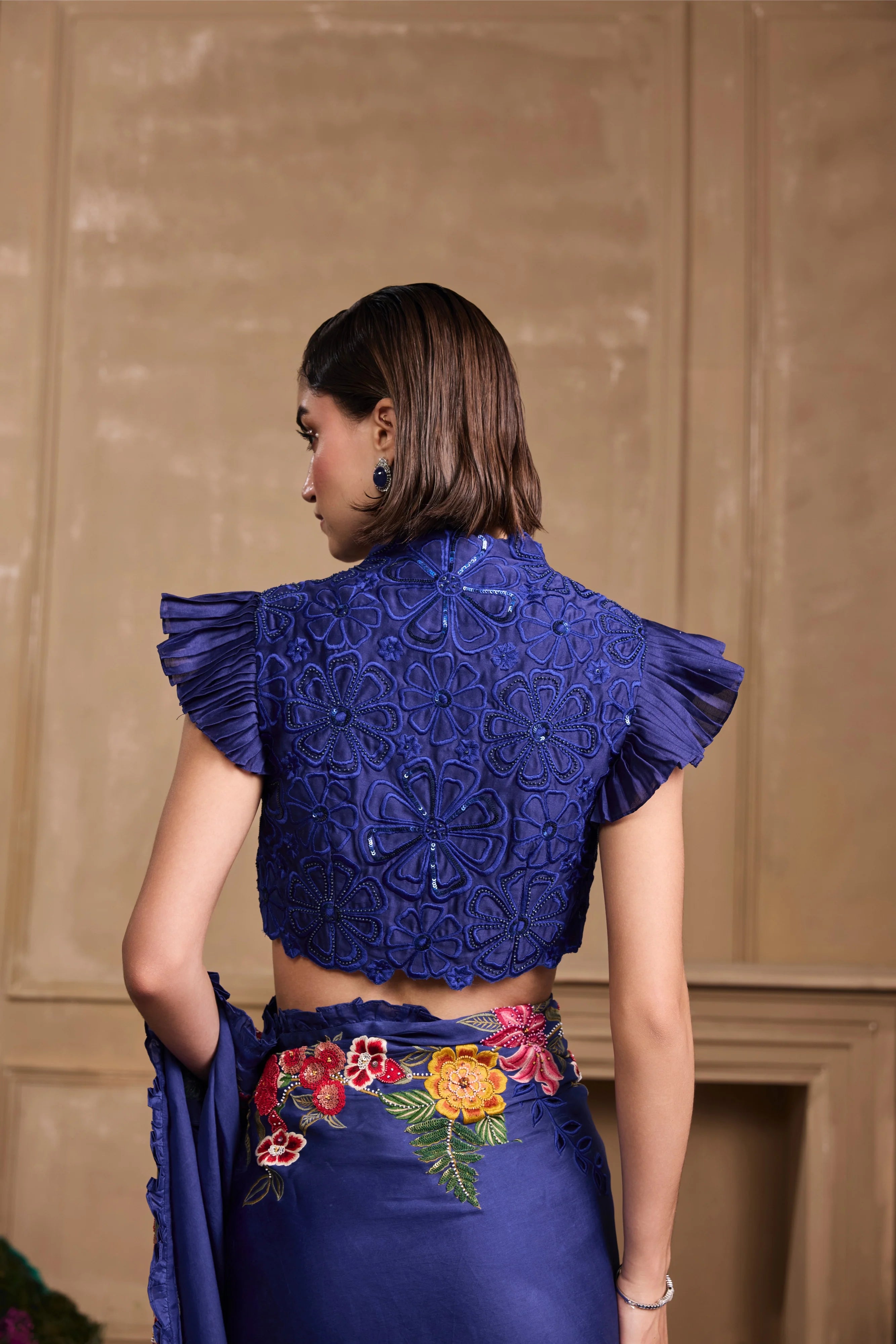 COBALT BLUE FLORAL RUFFLED TOP & SAREE