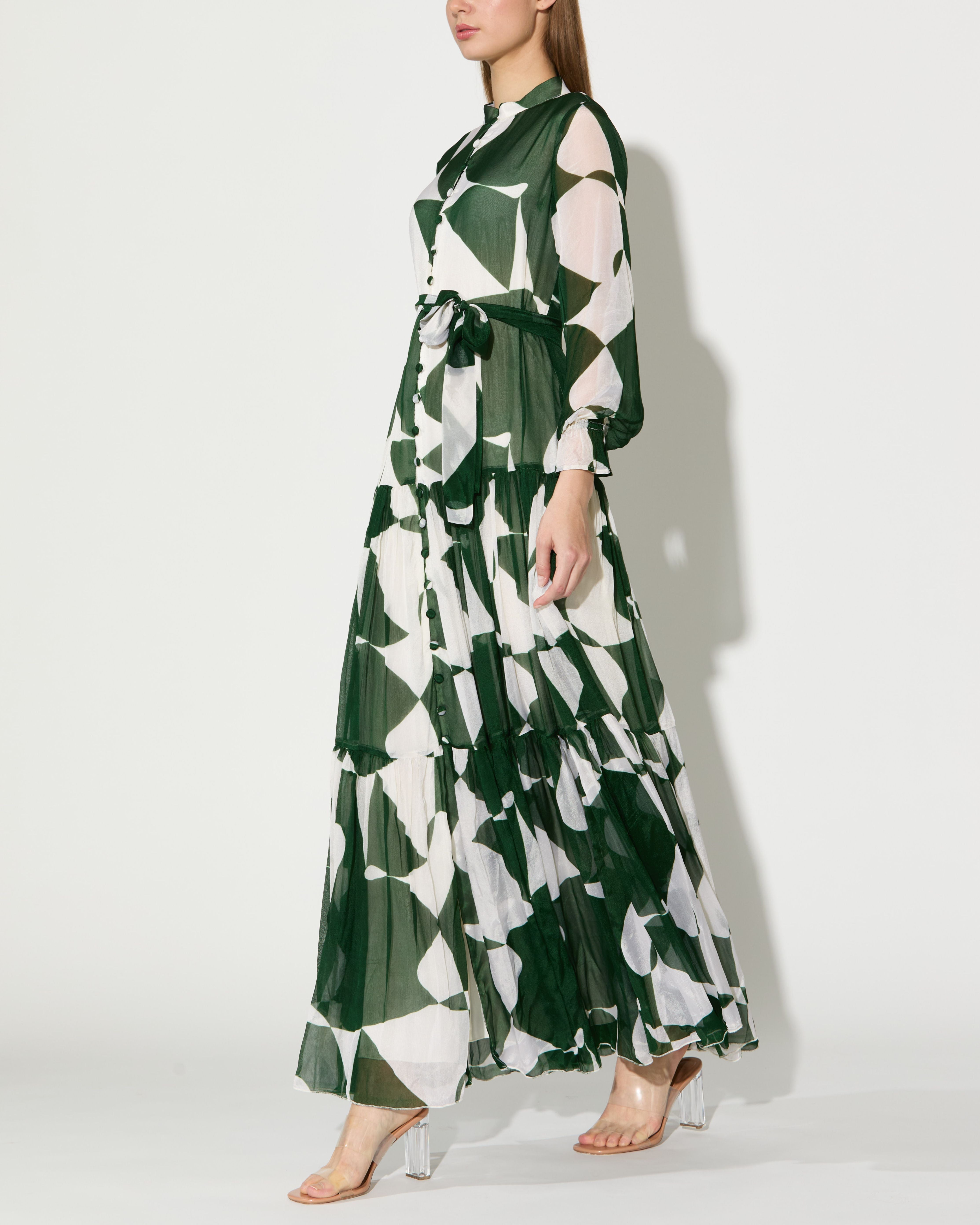 GREEN AND WHITE ABSTRACT LONG DRESS