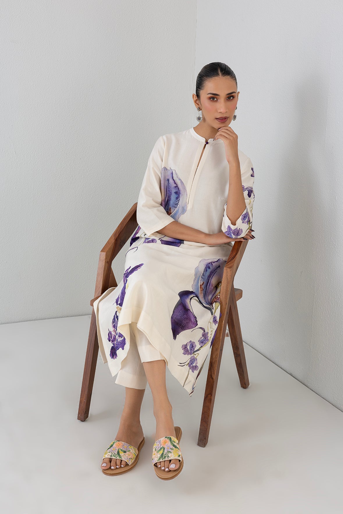 Dove Mist Silk Chanderi Iris Lily Printed Tunic