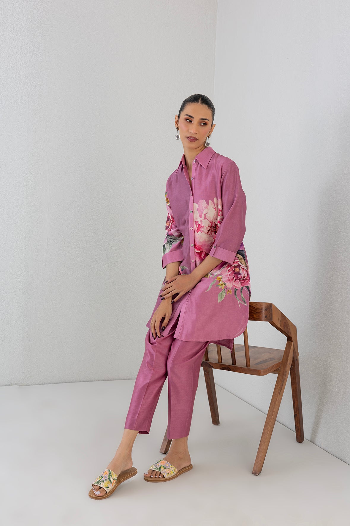 Blush Pink Silk Chanderi Peony Flower Printed Shirt