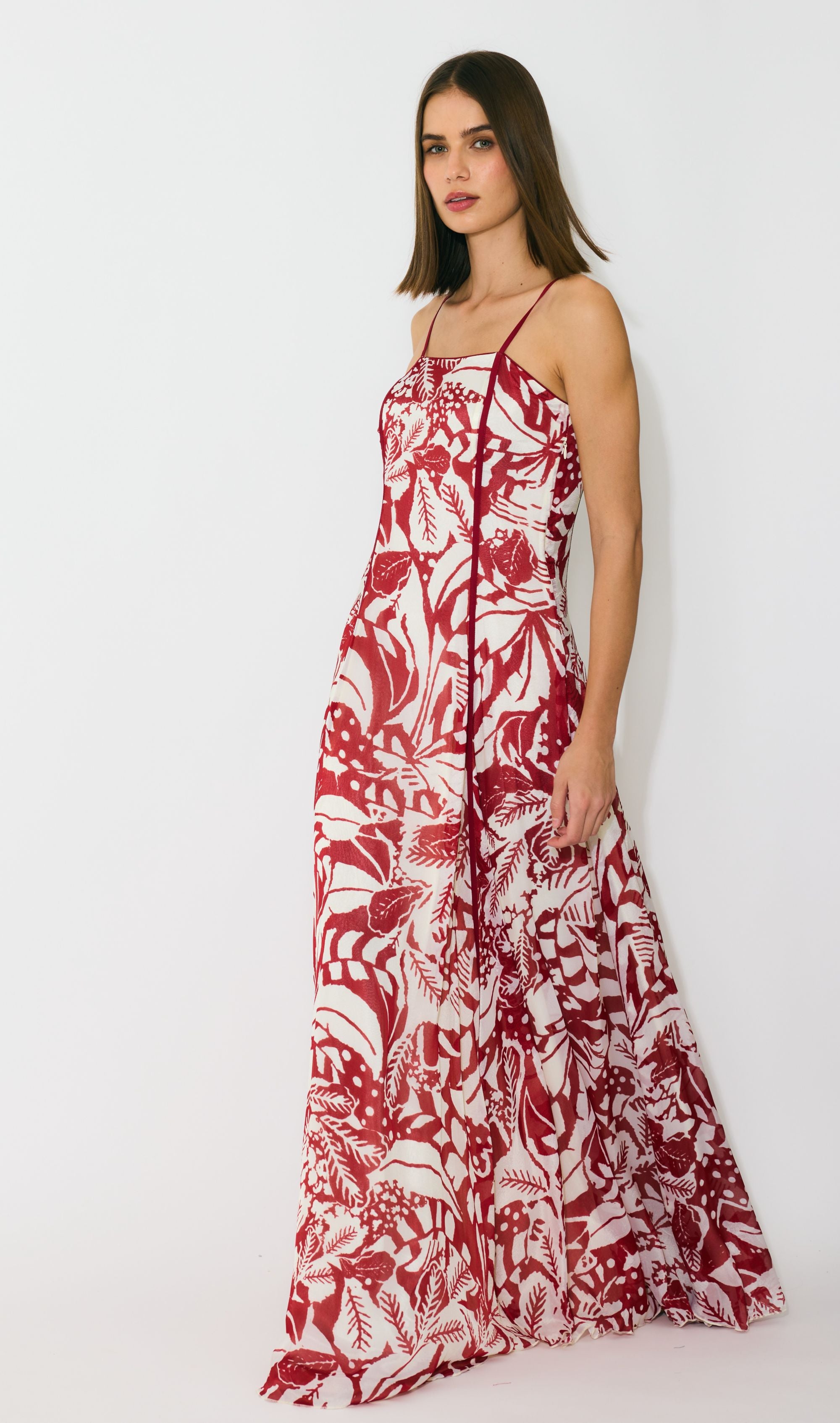 OFF WHITE AND RED SLEEVELESS LONG DRESS
