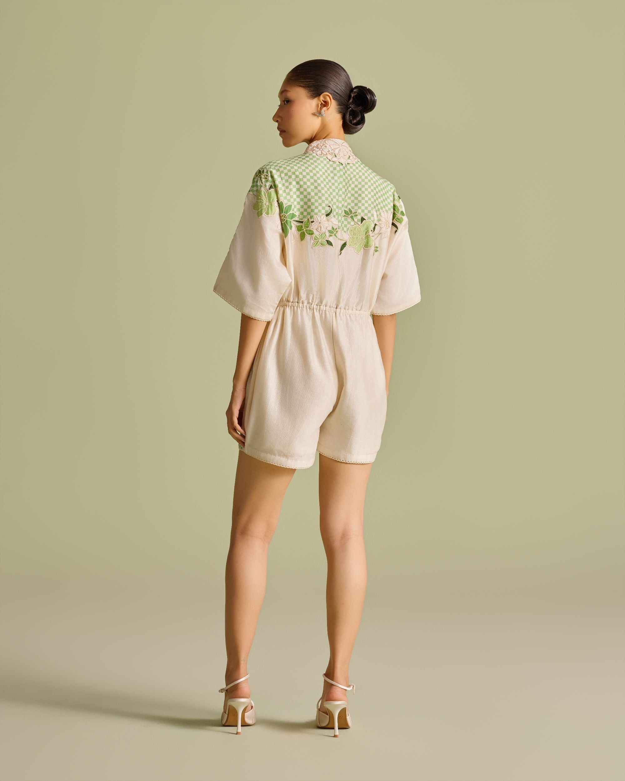Ivory And Mint Checkered Embroidered Playsuit