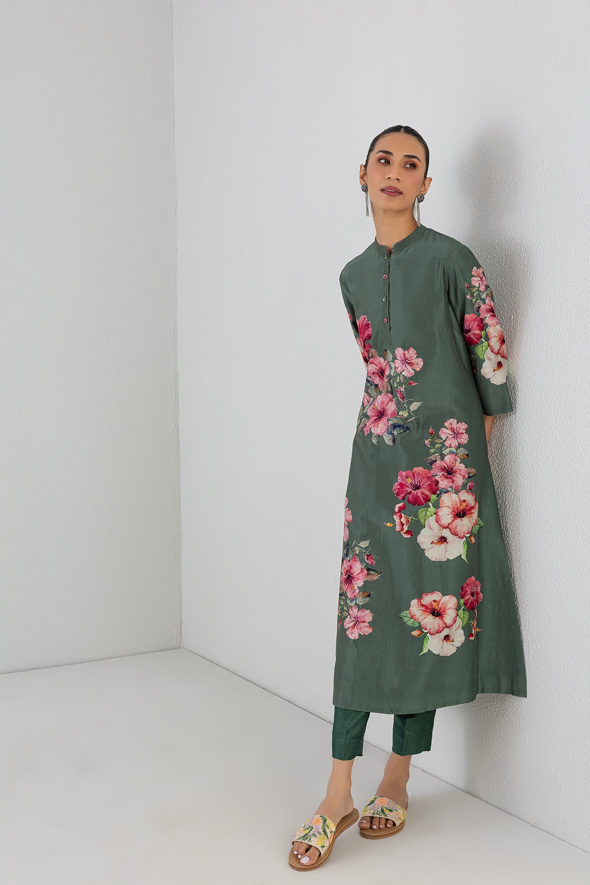 Eucalyptus Silk Chanderi Hibiscus Printed Tunic