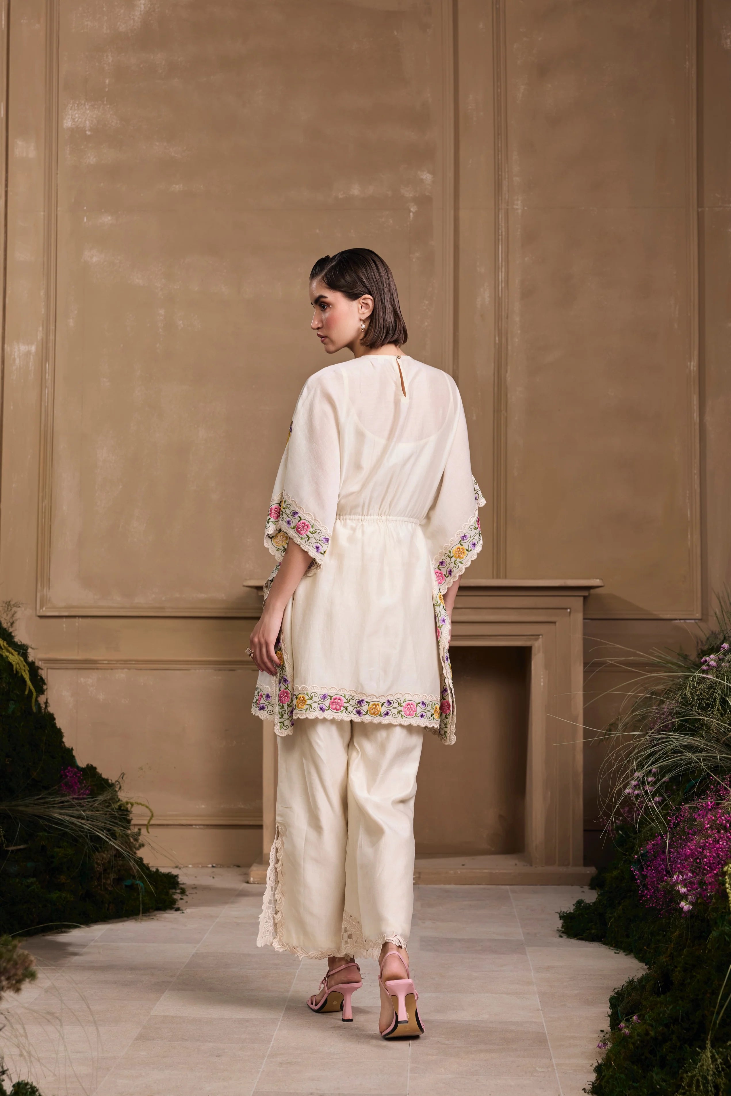 IVORY CHANDERI SHEER PANELED CUTWORK PANTS & KAFTAN