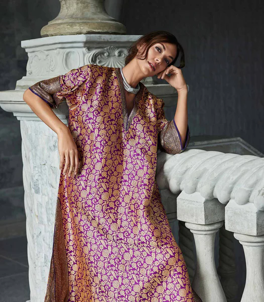 open lace back dress Purple Banarasi Silk Party Wear Dress – Chinaya Banaras main image 0