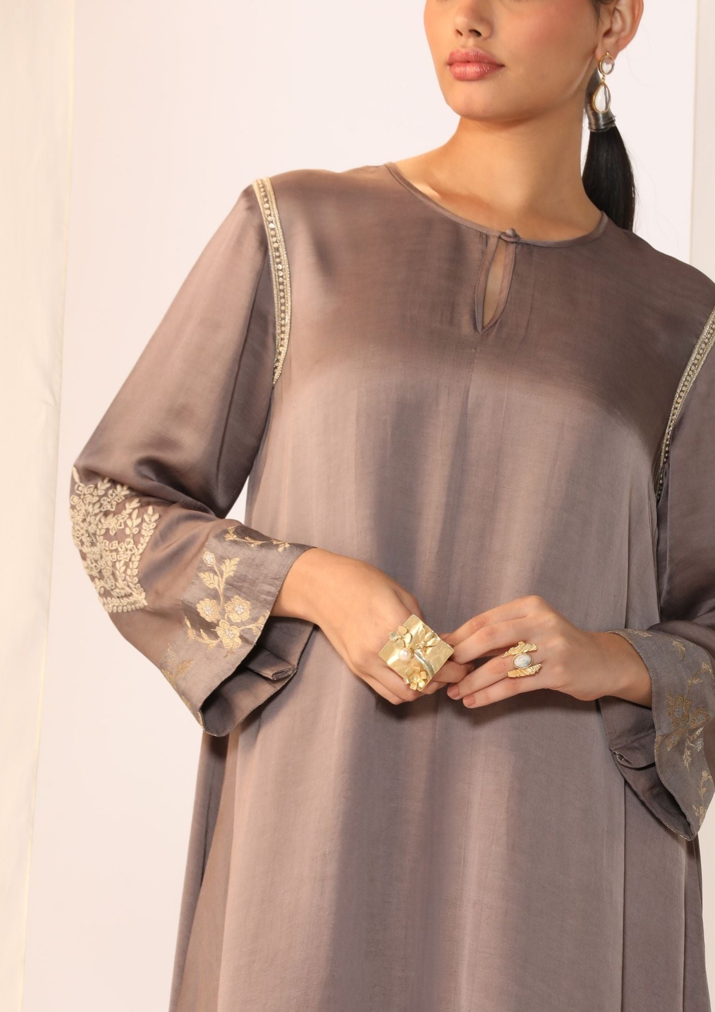 Linen Satin Keyhole Kurta With Delicate Handwork Paired With Slim Pants