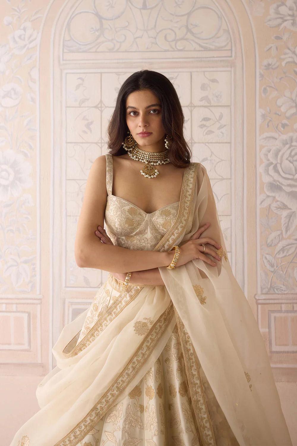 Raw silk ivory gold applique embroidered lehenga set with organza dupatta