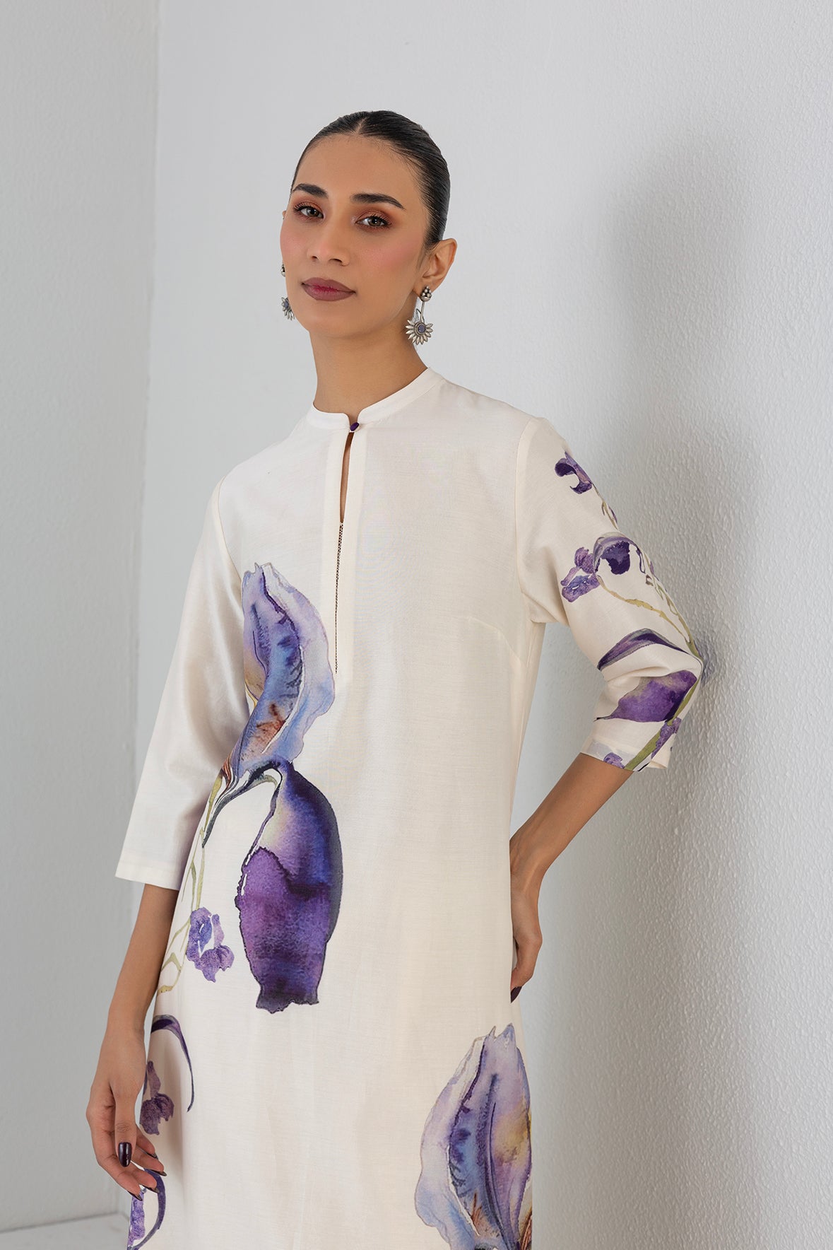Dove Mist Silk Chanderi Iris Lily Printed Tunic