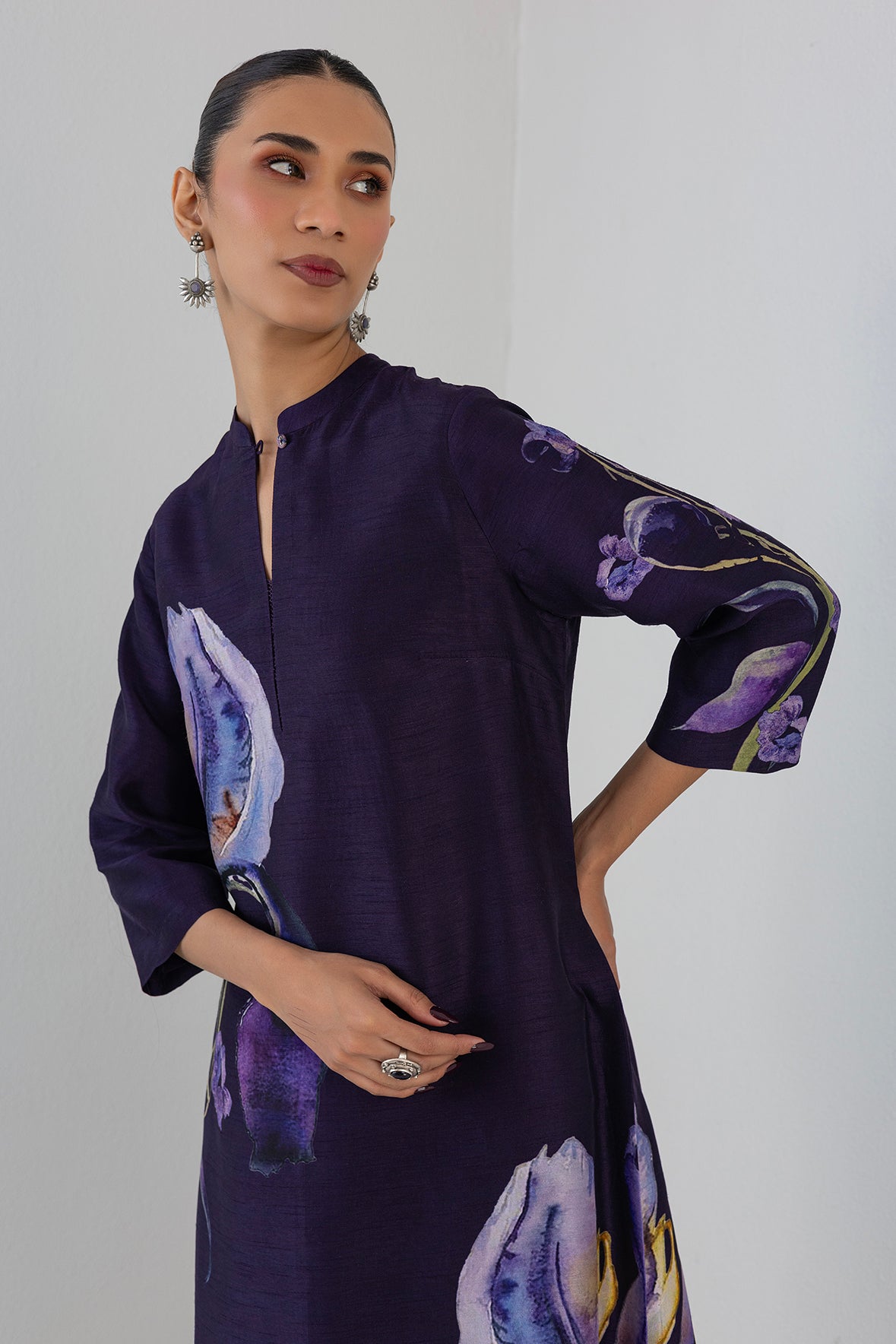 Eggplant Purple Dupion Iris Lily Printed Tunic