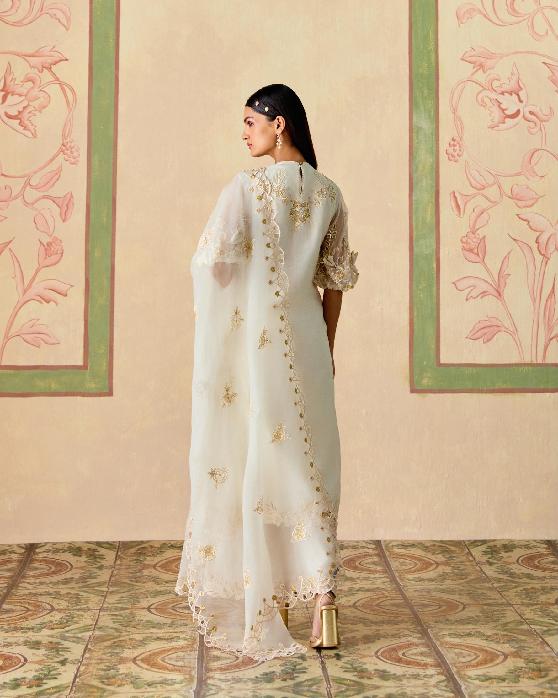 IVORY AND GOLD CUTWORK KURTA WITH CUTWORK FLARED PANTS