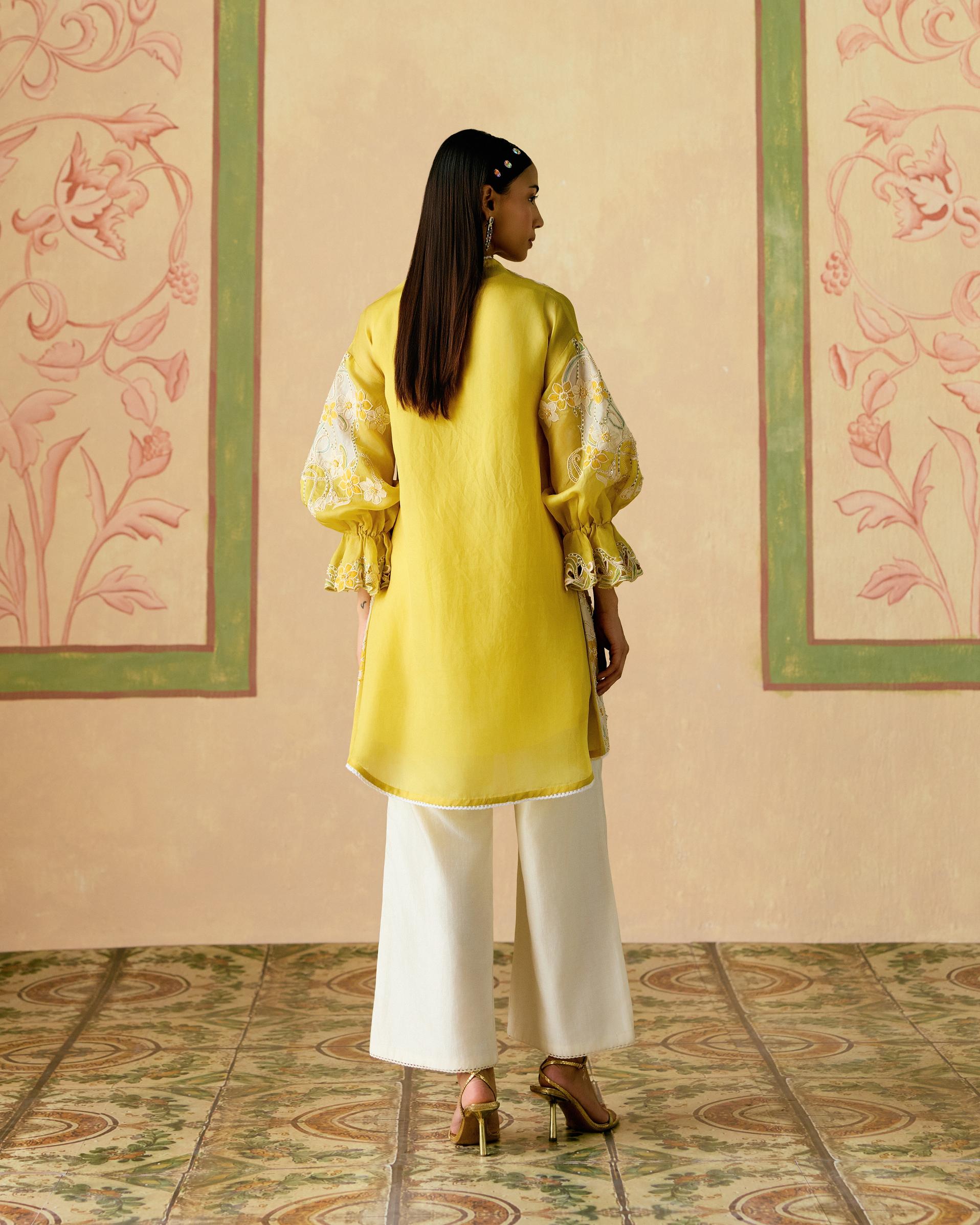 YELLOW AND IVORY COLOR BLOCK TUNIC WITH SHEER APPLIQUE PANTS