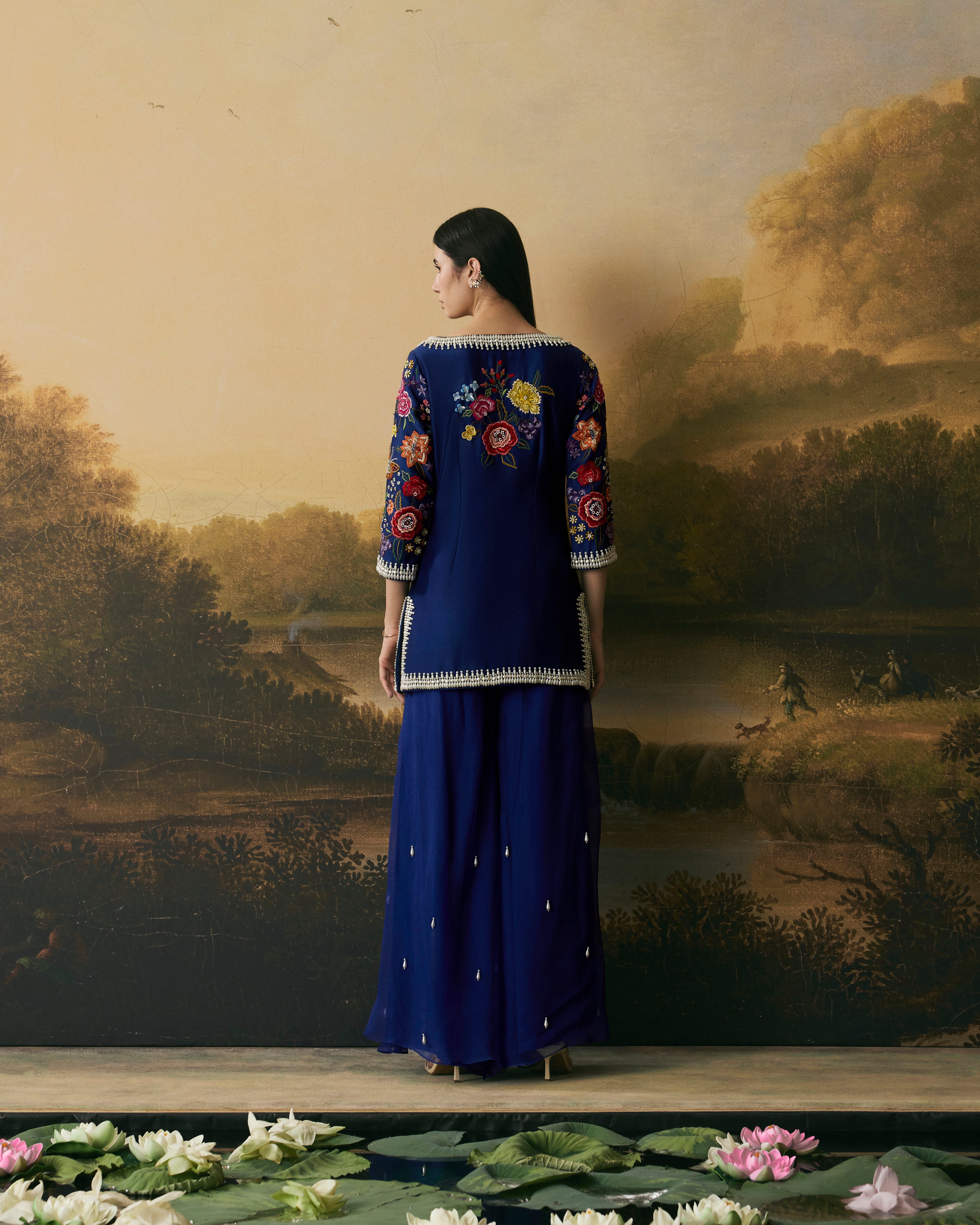 COBALT BLUE FLORAL BLOOM SHORT KURTA WITH SHARARA