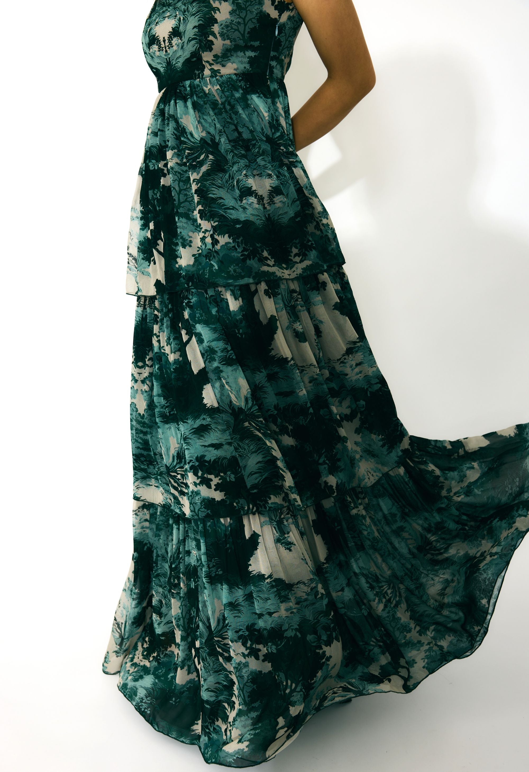 DARK GREEN, MINT AND BEIGE TOIL PRINT LONG DRESS