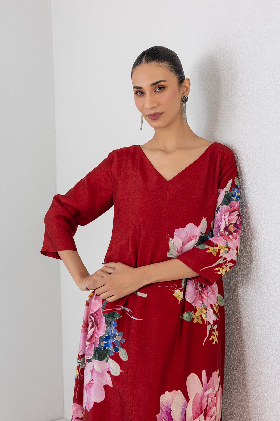 Crimson Flame Red Dupion China Rose Printed Dress – Deval The Multi  Designer Store
