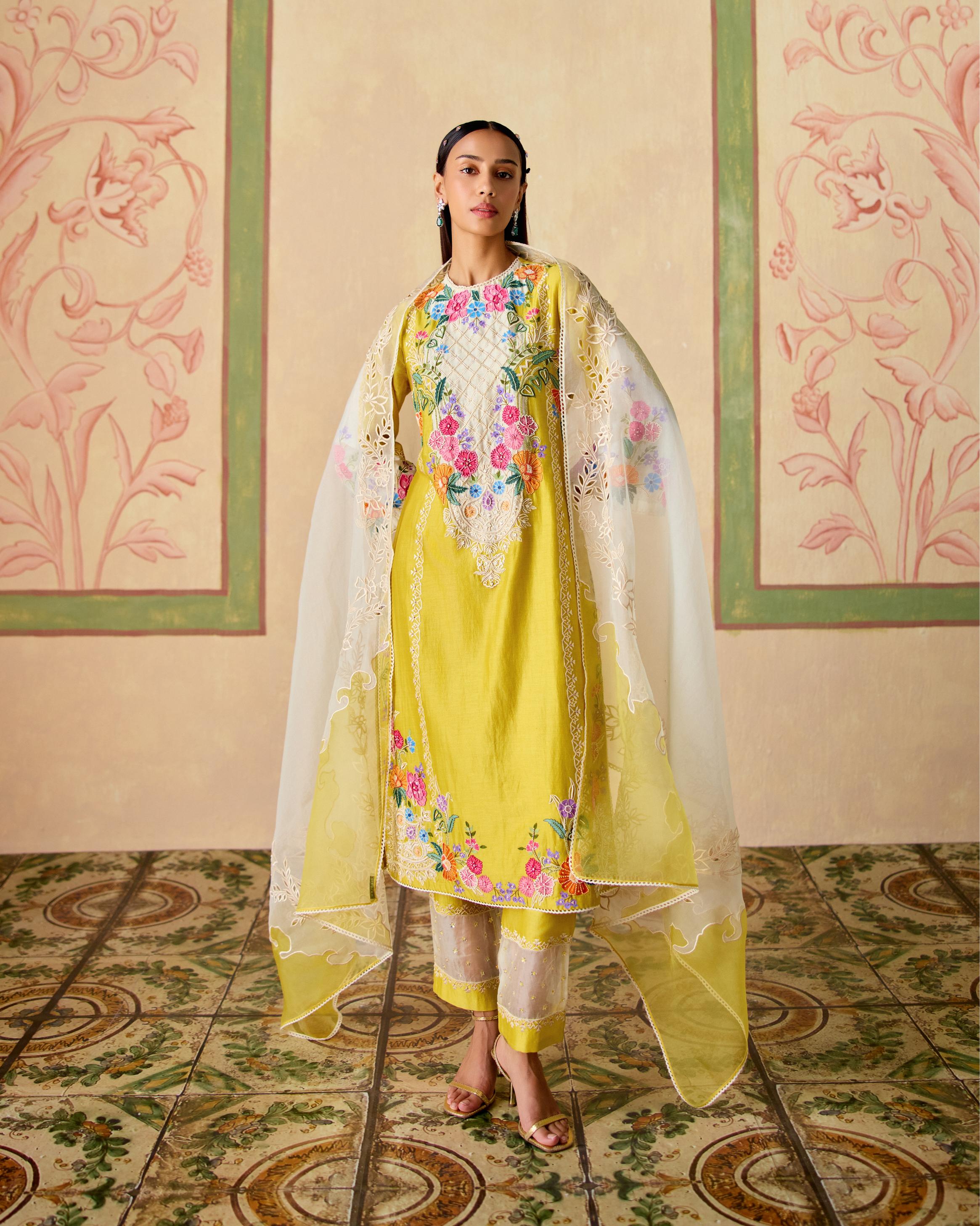 YELLOW AND IVORY EMBROIDERED KURTA WITH SHEER PANEL PANTS