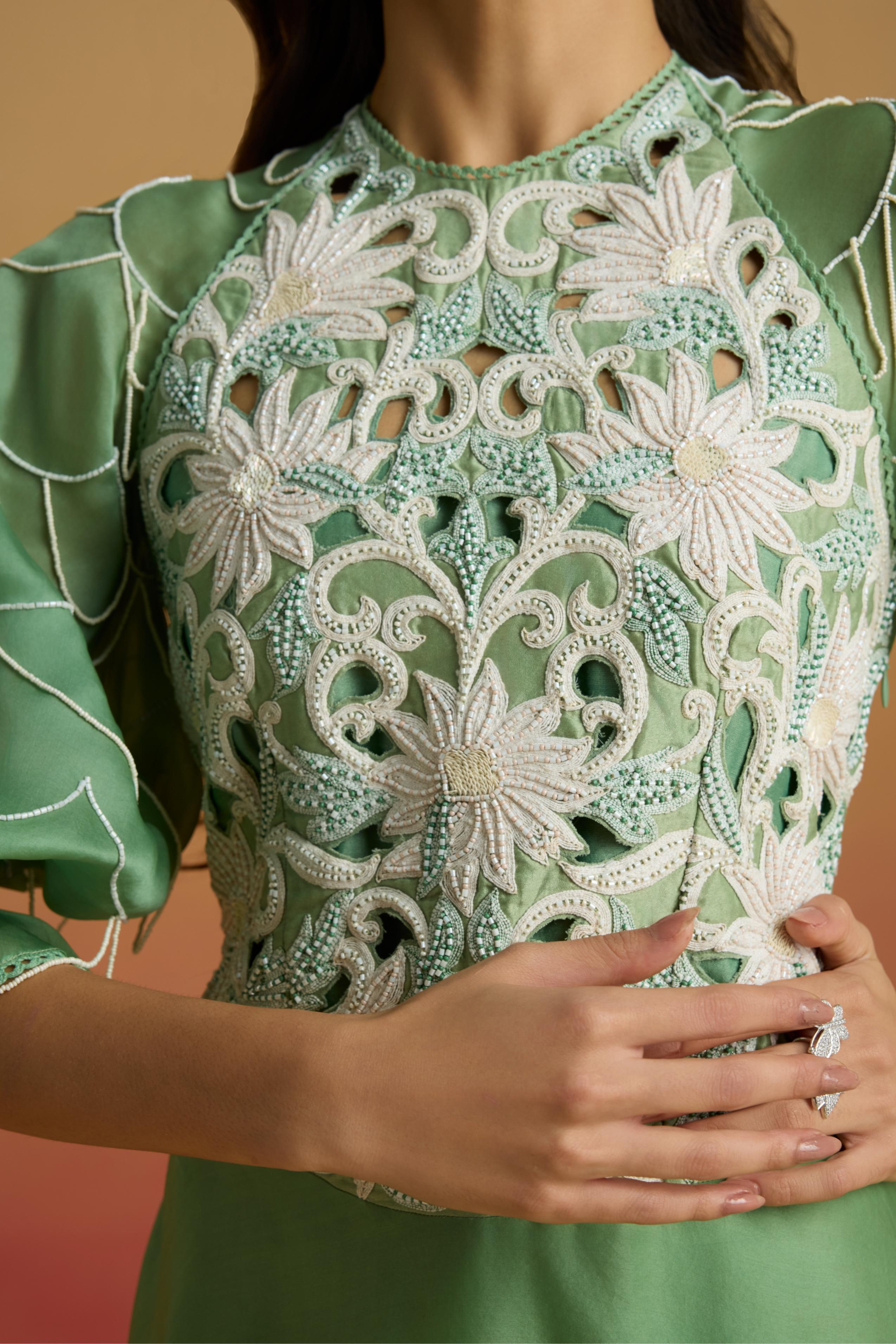 SAGE GREEN CONTRAST FLOUNCE DRESS