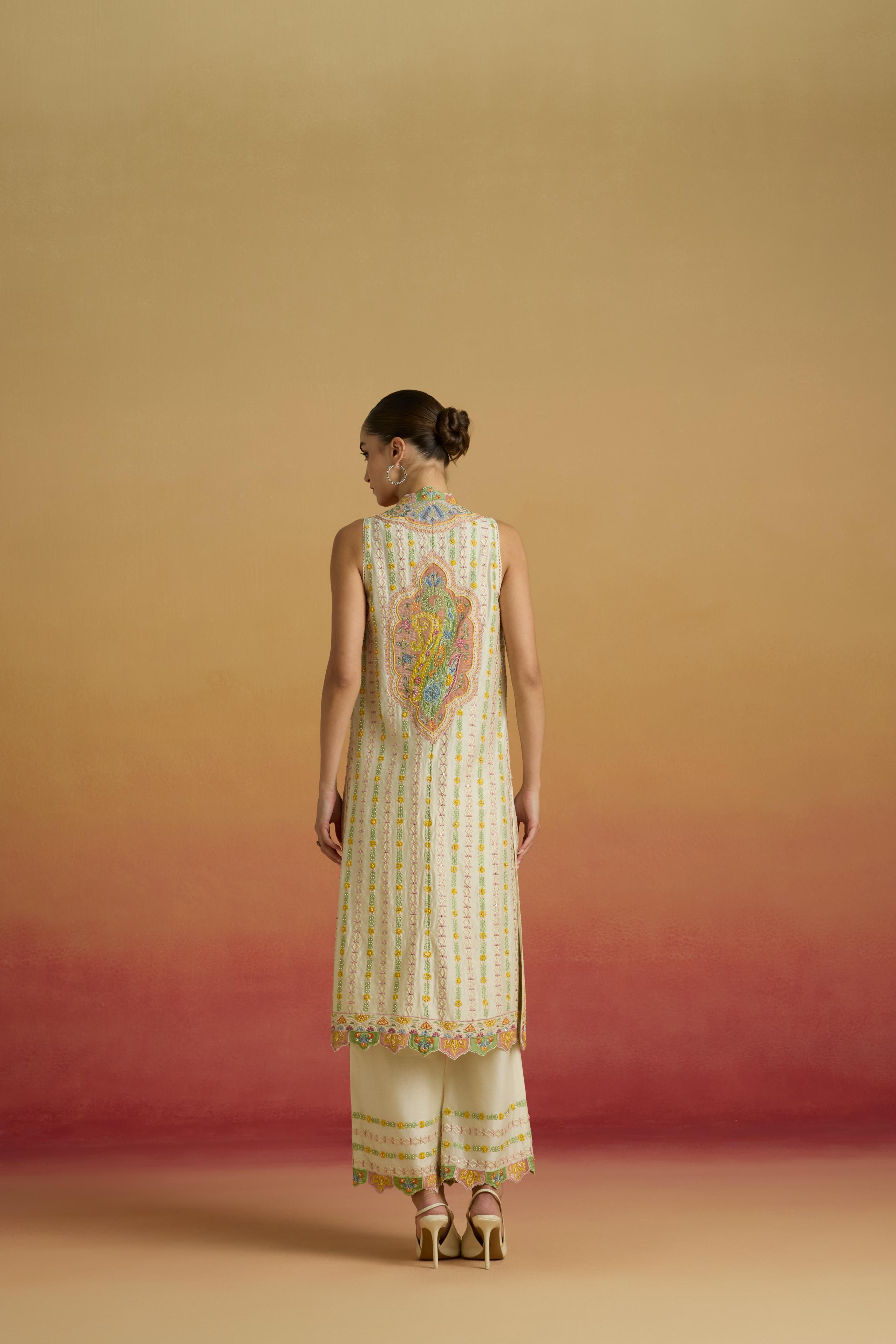 IVORY APPLIQUE STRIPED LONG JACKET